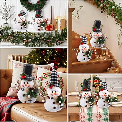 Miniatura 7 de Decoración de muñeco de nieve a cuadros en blanco y negro (juego de 2 piezas) - Muñecas de felpa de Navidad de invierno para bandeja escalonada,