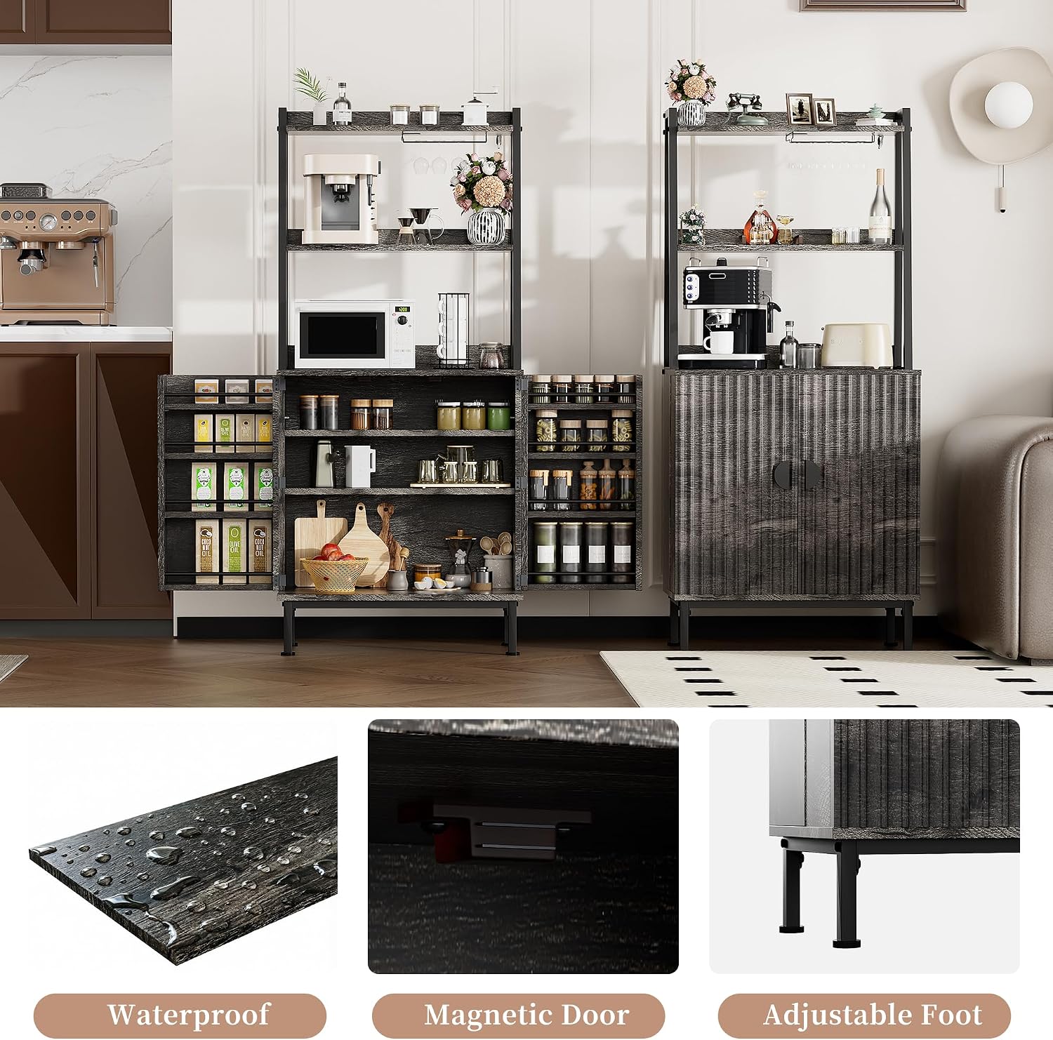 Semoic 58” Pantry Cabinets with Microwave Shelves, Freestanding Kitchen Storage Cabinet with Adjustable Shelves, Buffet Cupboards for Kitchen, Dining Room, Living Room Use, Dark Gray Oak