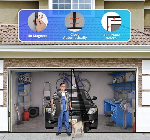 Miniatura 3 de Pantalla magnética para puerta de garaje para 1 automóvil de 12 x 8 pies, con malla de fibra de vidrio retráctil y parte inferior pesada resistente,