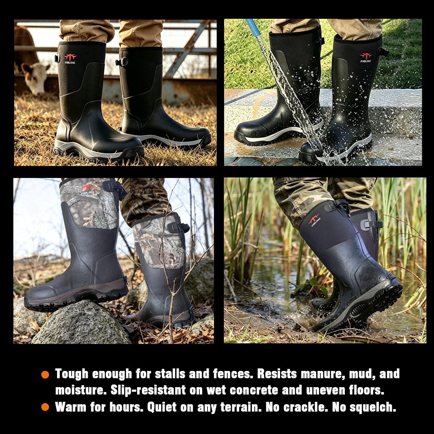 Fiblink Waterproof Hunting Boots for Men, 6mm Neoprene Rain Boots, Insulated Rubber Boots for Outdoor Work, Anti-Slip Mud Boots for Fishing Farm Hunting