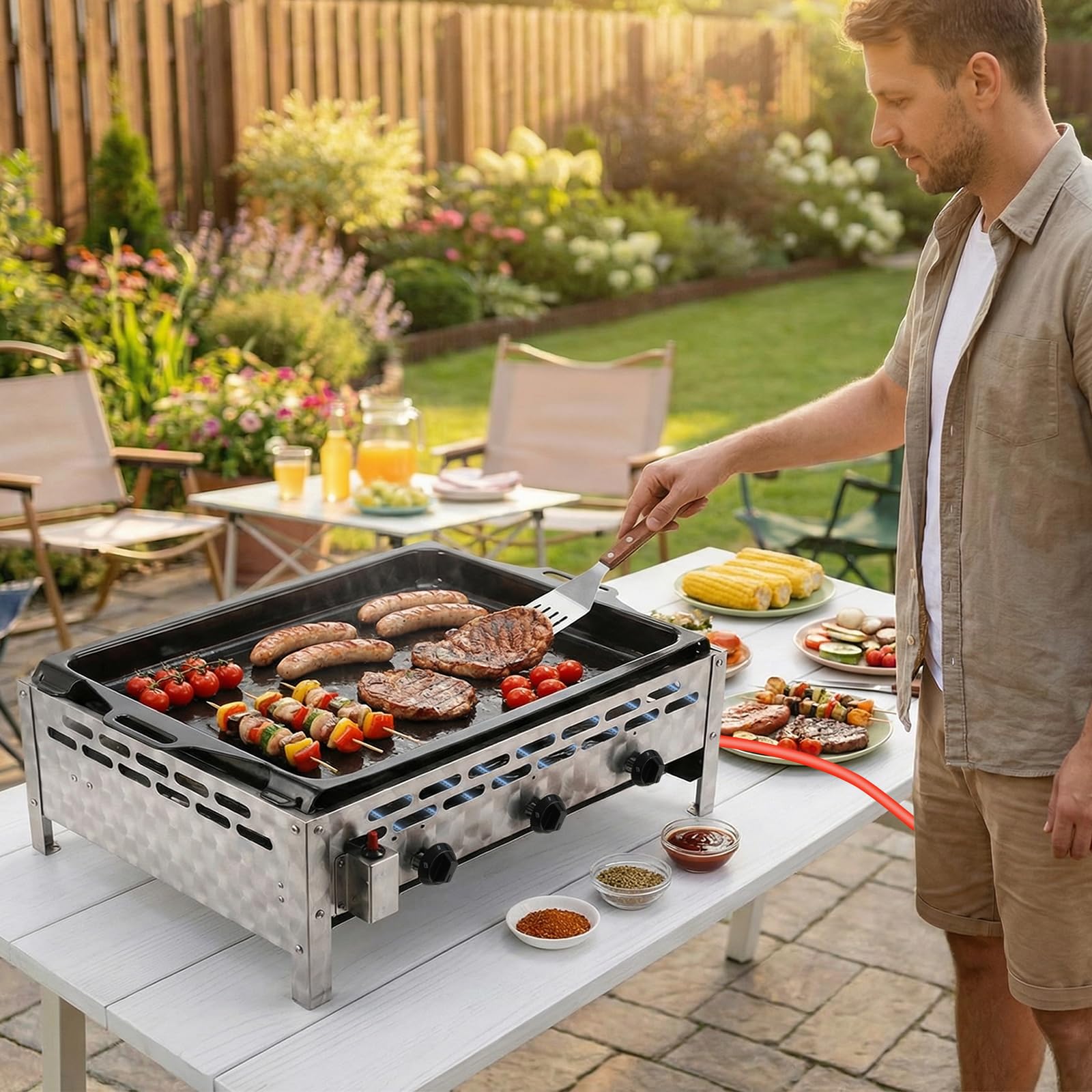 TLSUNNY Edelstahl Gasbräter 3-flammig 12 kW, Gasgrill Kommerzieller, Profi Gastrobräter & Tischbräter mit Emaille-Grillplatte, Gleichmäßig Tischgrill für Gastronomie, Outdoor, Garten, 69x52x27 cm