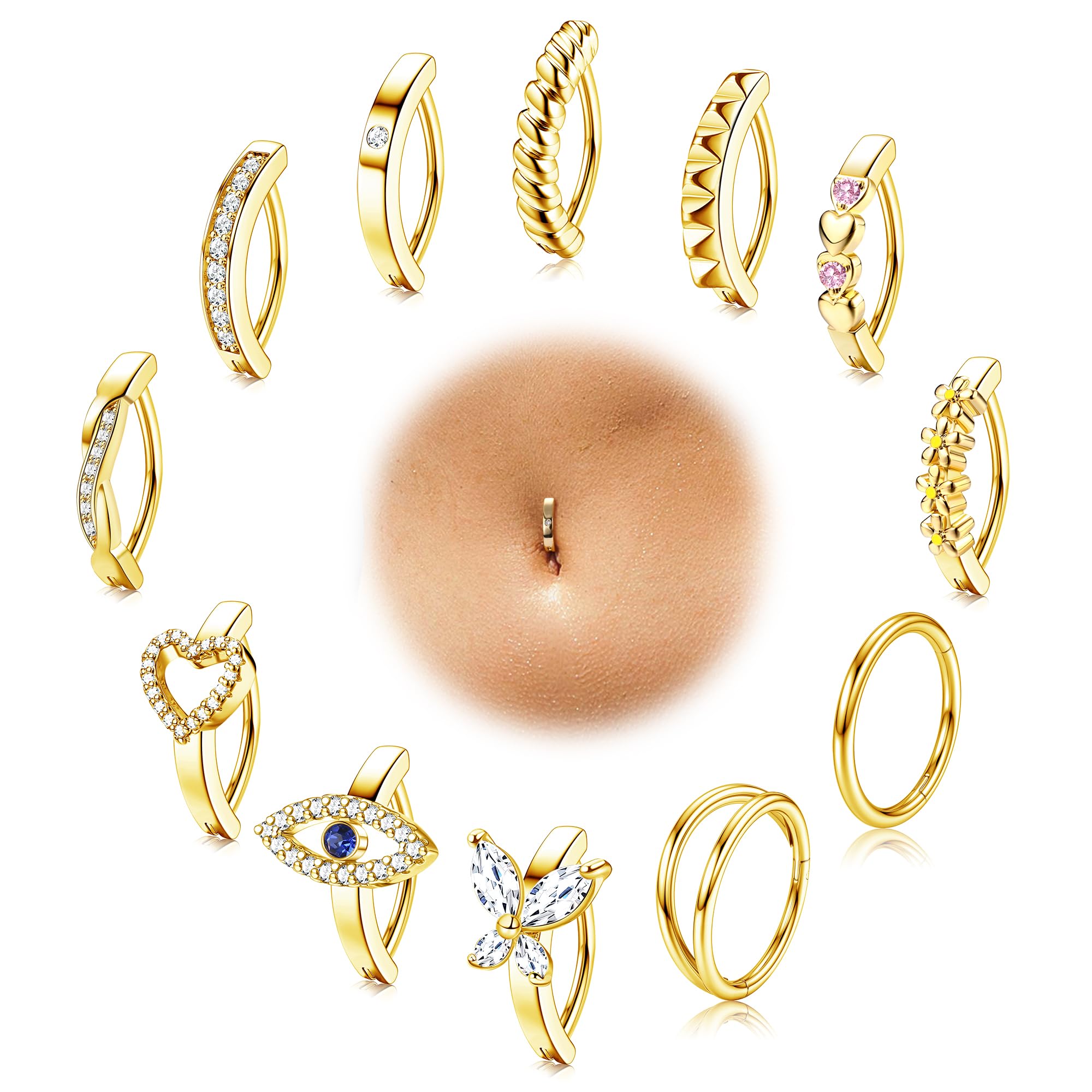 CASSIECA 12 Piezas 14G Clicker Piercing Ombligo para Mujer Acero Quirúrgico Aro Piercing Ombligo Corazón Flor Mariposa Plata Oro Piercing Ombligo Anillos 10/12MM