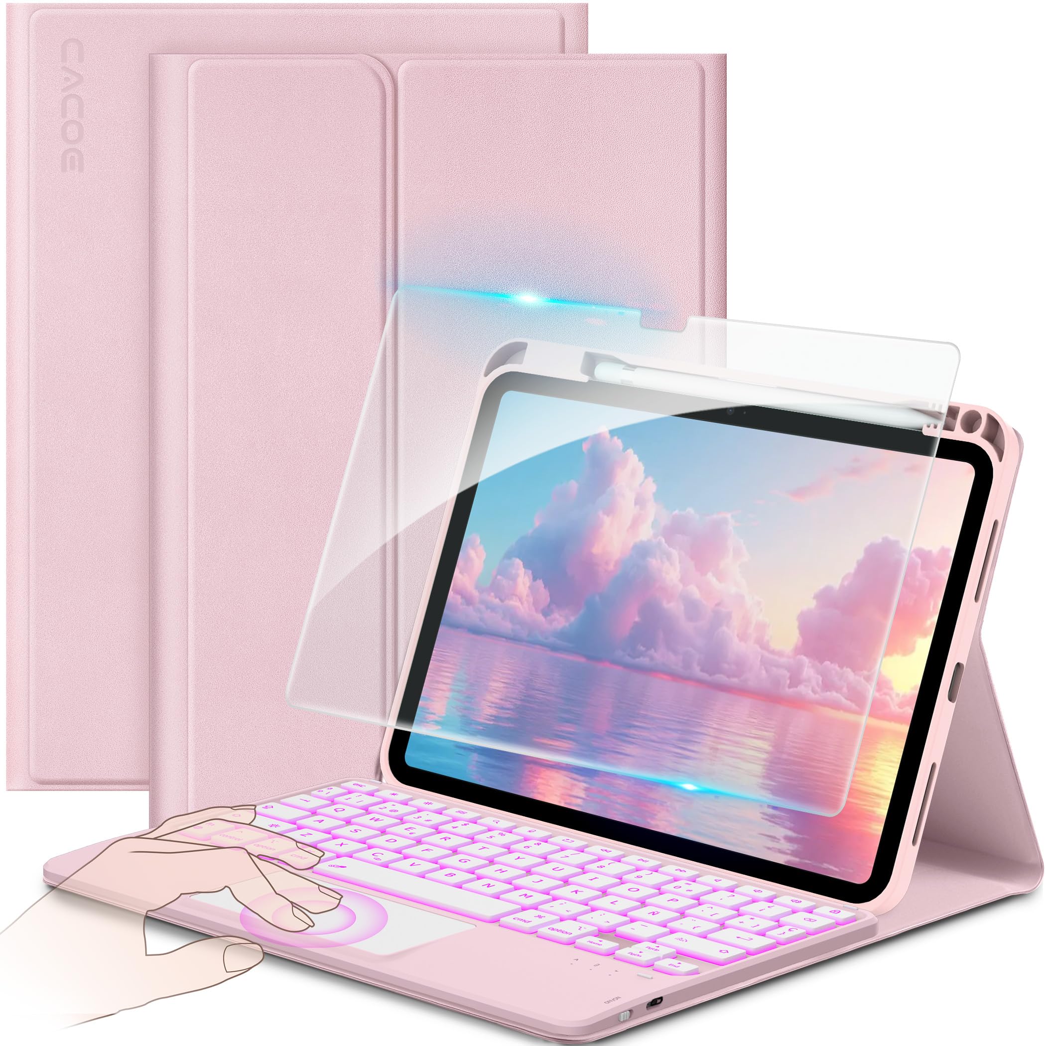 CACOE Keyboard Case for iPad 11th Gen (A16)/10th Generation (11/10.9") 2025/2022 with Touchpad, 7 Color Lighting, [Spanish] Magnetic Detachable Bluetooth Keyboard, Pink Global Recycled Standard Global Recycled Standard Global Recycled Standard