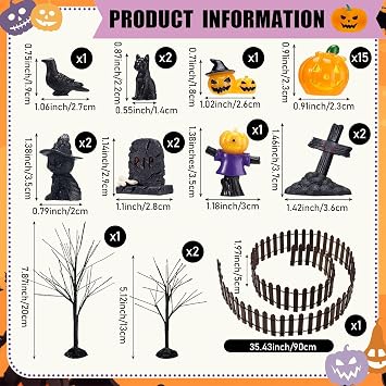Wesiti 30 Pcs Halloween Village Accessories, Miniature Trees Pumpkins Cats