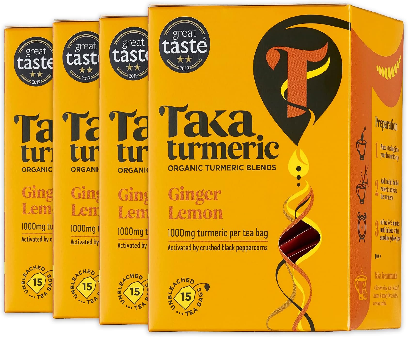 Taka Turmeric, 4 Pack (60 Total) Organic Lemon and Ginger with Turmeric & Black Peppercorns, Turmeric, Caffeine Free, Detox, No Added Flavourings, Recyclable Packaging