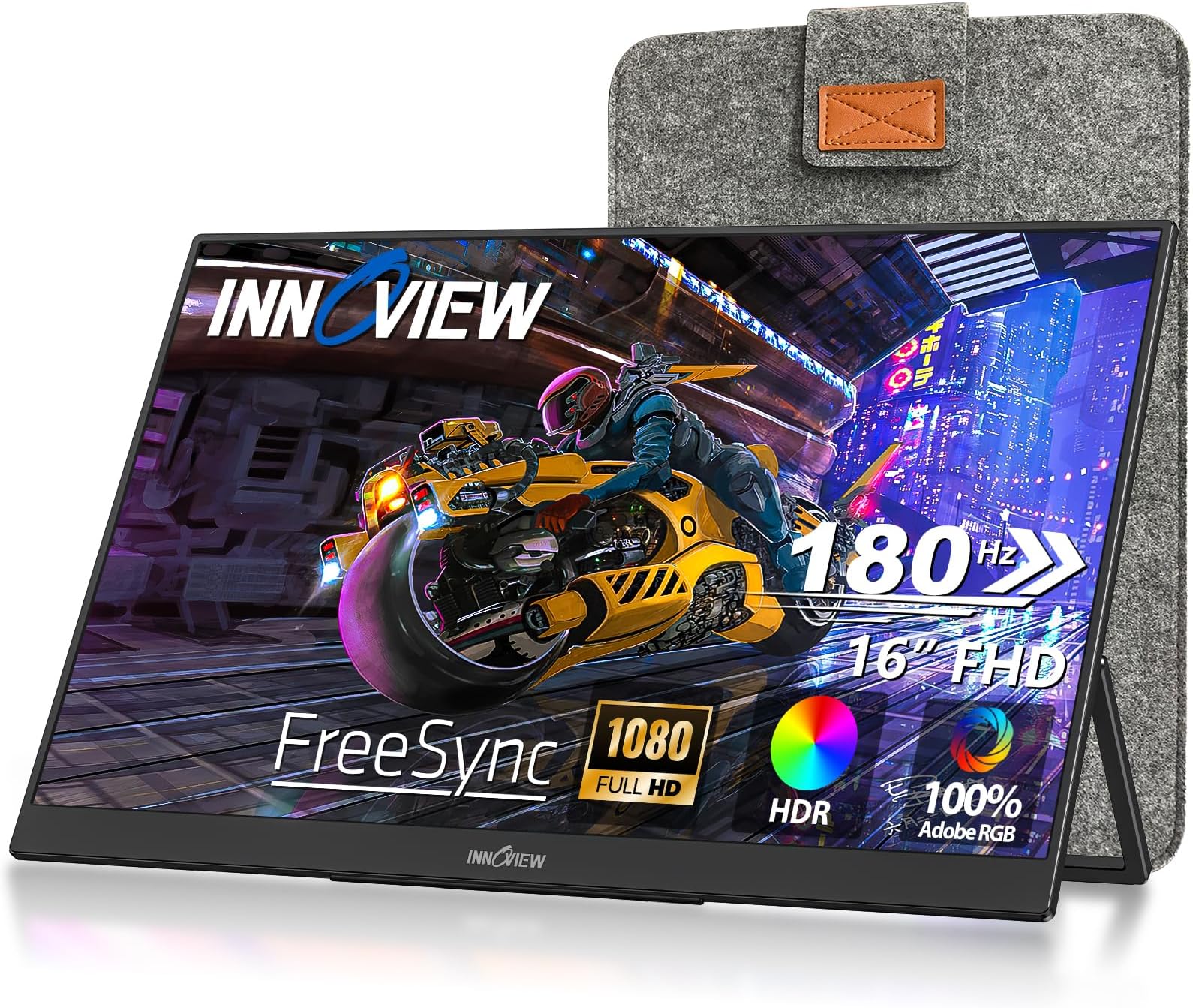InnoView 16インチ ポータブルモニター 180Hz 100% sRGB 180°キックスタンド OD Gameplus ポータブルゲームモニター IPS スリーブ付き Type-C Mini HDMI FHD 外付けセカンドスクリーン ノートパソコン PC Mac PS4/5 Switch用 旅行 仕事用