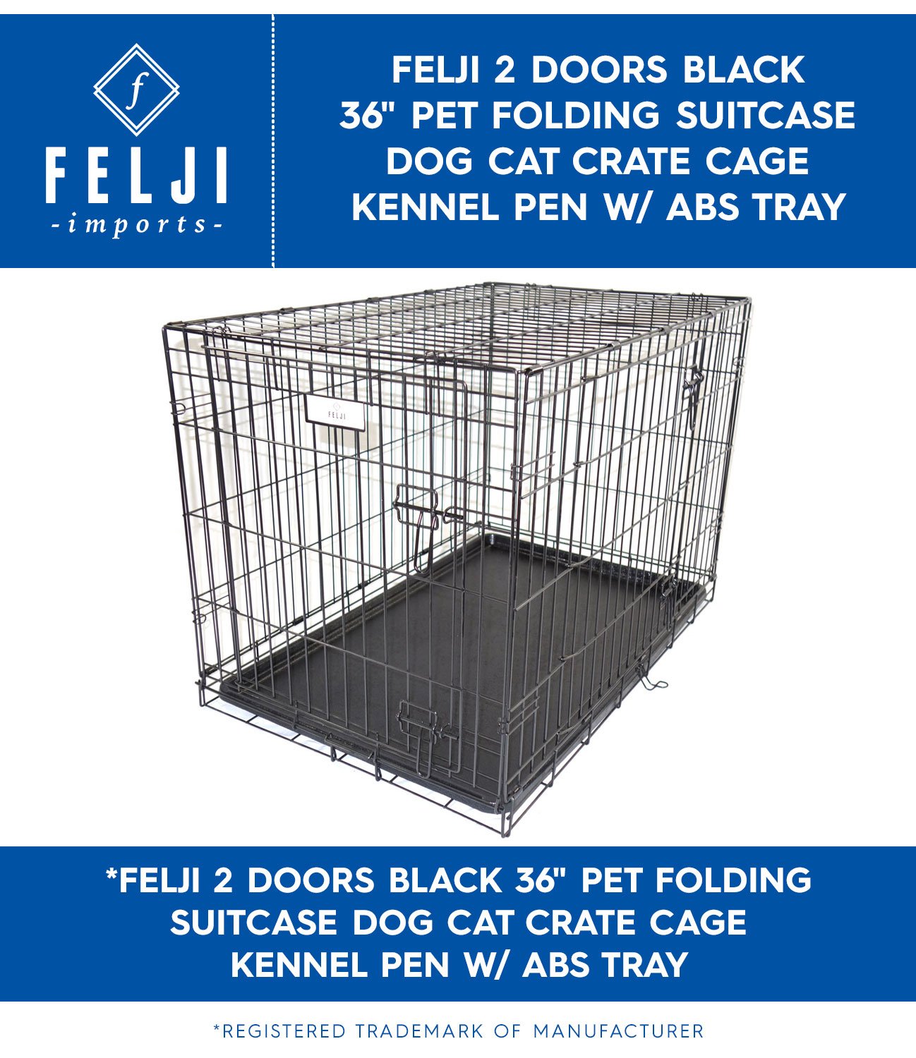 Felji 2 Doors Black 36" Pet Folding Suitcase Dog Cat Crate Cage Kennel Pen W/ Abs Tray