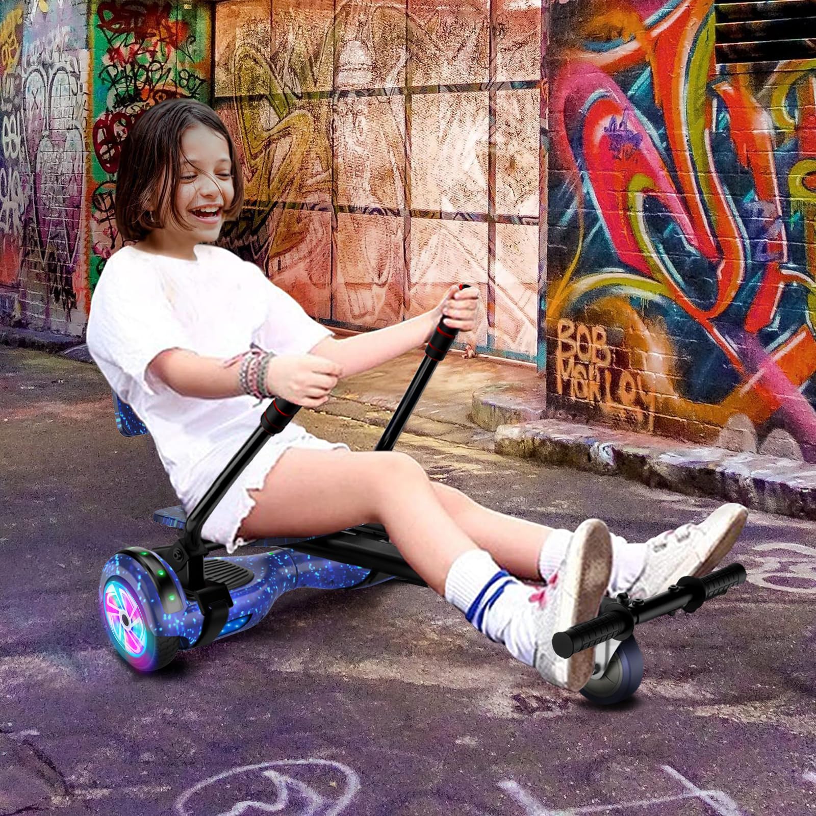 SISIGAD Hoverboard mit Hoverkart für Kinder, 6.5 Zoll Hoverboard mit Bluetooth Lautsprecher, mit LED-Leuchten, Geschenk für Kinder