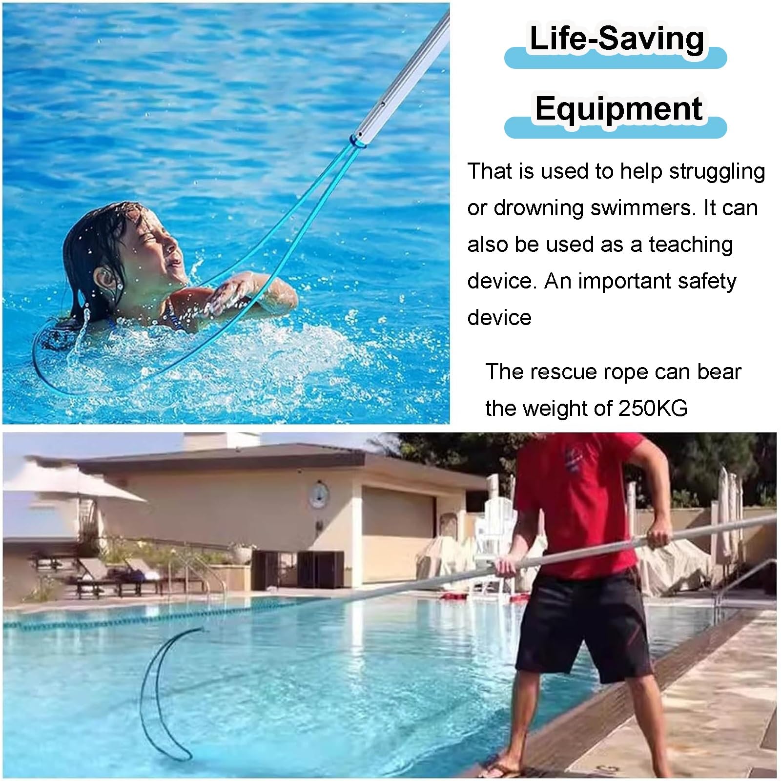 Gancho telescópico de Rescate de Emergencia para la Seguridad en Piscinas, diseño Resistente para rescates rápidos en Agua en Parques Infantiles y acuáticos.
