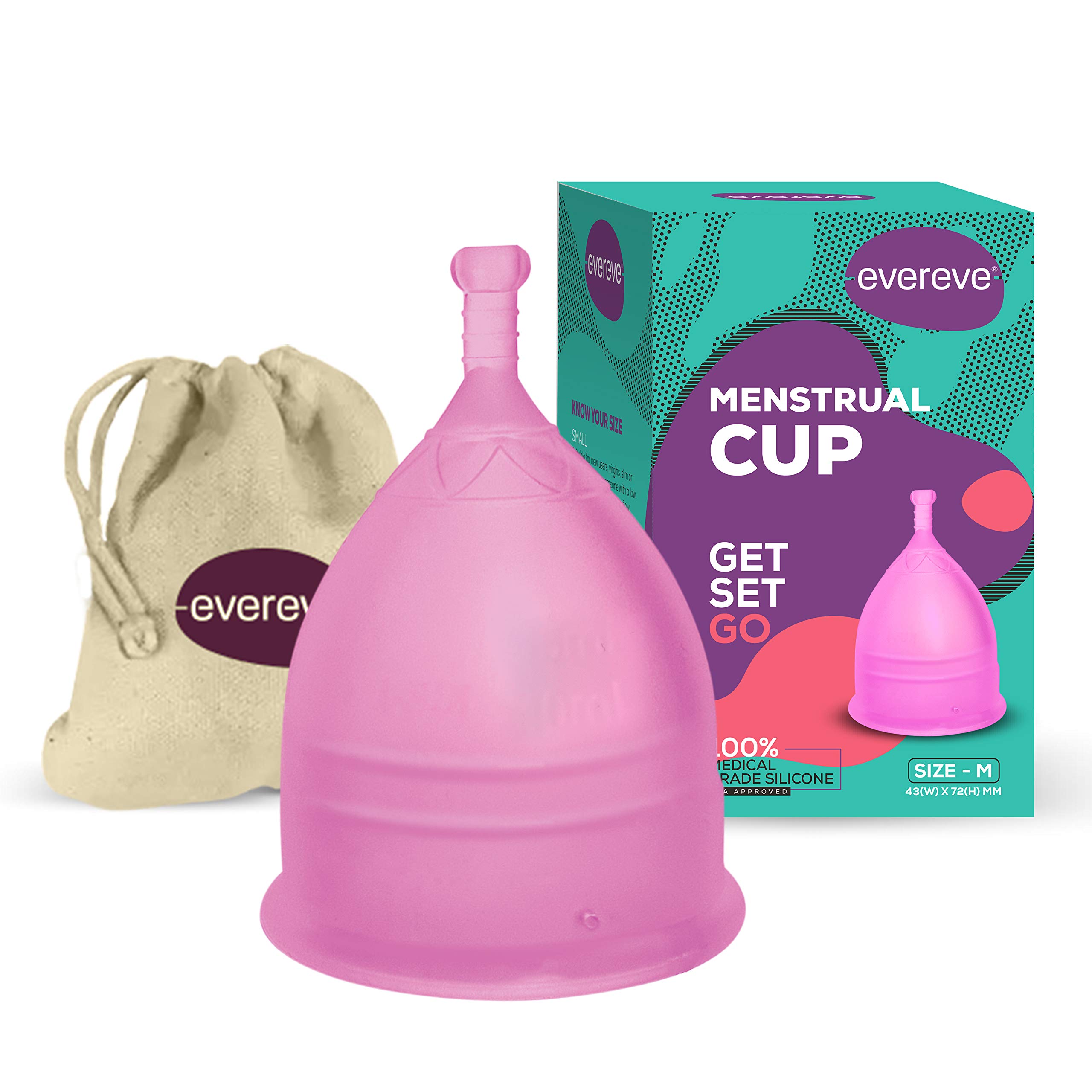 EvereveMenstrual Cup For Women-Medium Size With Pouch, Silicone Body, Odour And Rash Free, No Leak, Protection For Up To 10-12 Hours, Fda Approved,1 Count