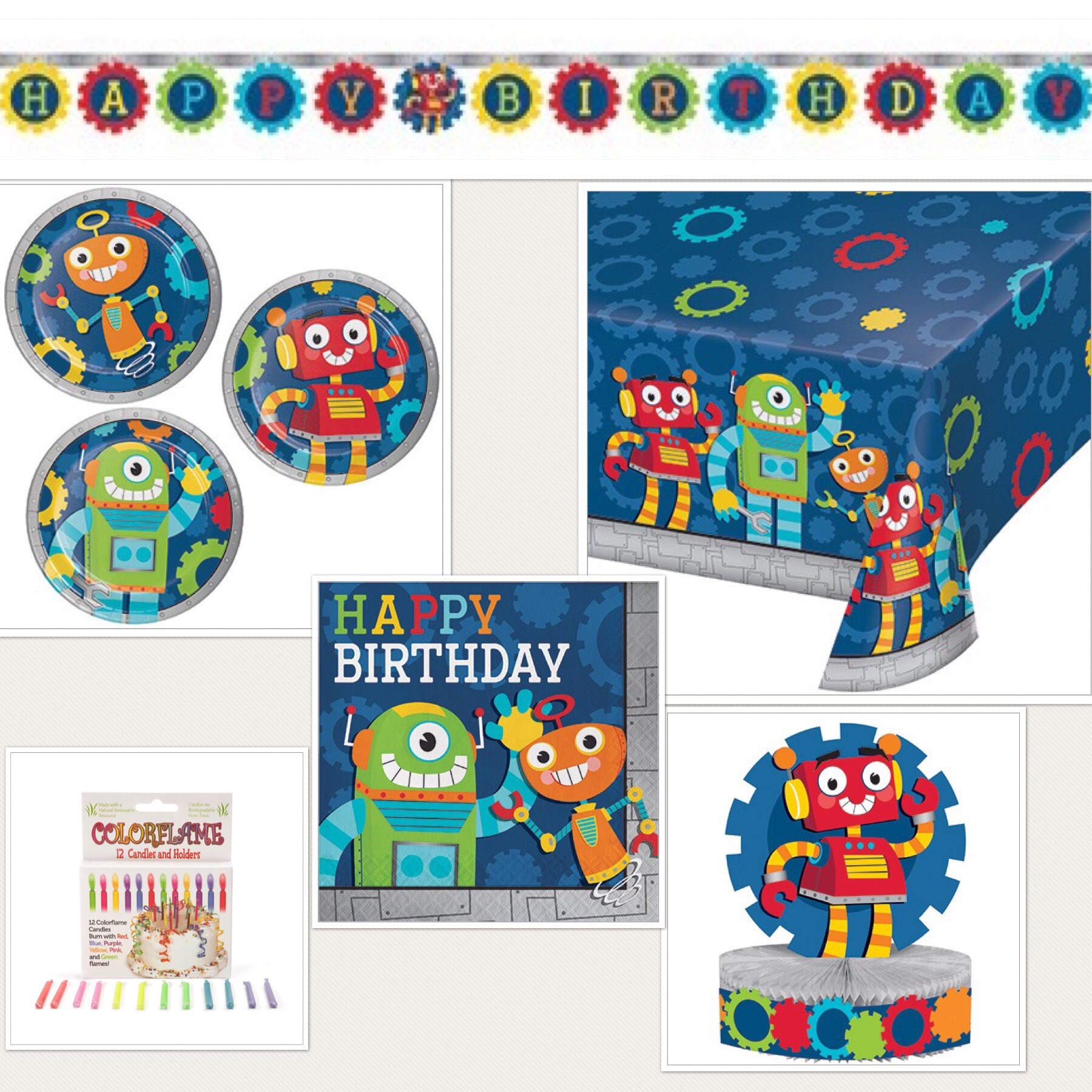 Robot Happy Birthday Party Supplies 16 Beverage Napkins, 16 Cake Plates, Banner, Centerpiece, Tablecloth, 12 ColorFlame Candles and Grandma Olive's Multi-Generational Recipe