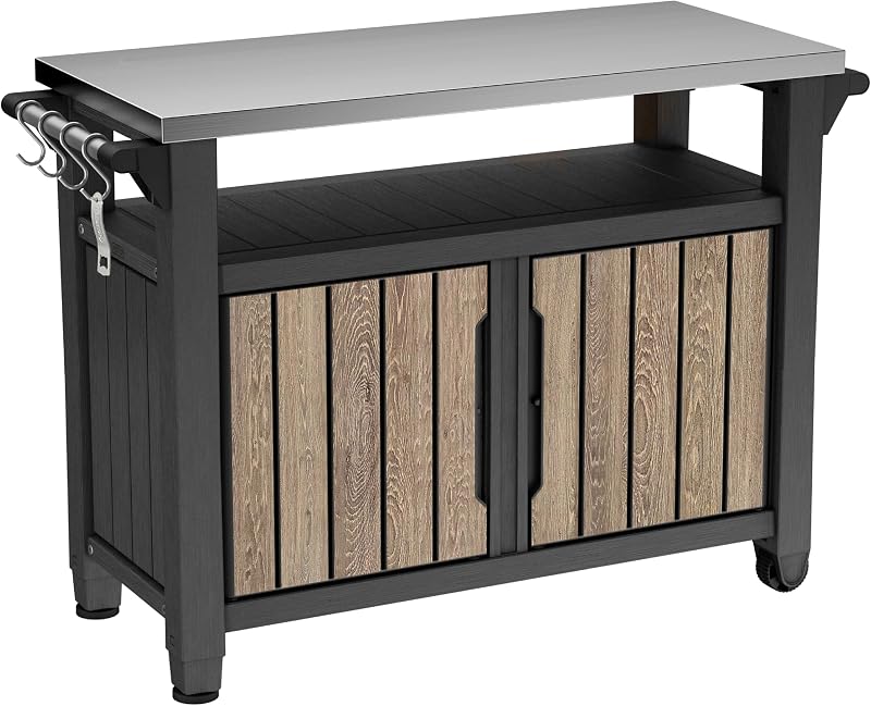 Carrito de entretenimiento para exteriores Keter Unity XL con acabado con apariencia de madera, gabinete de almacenamiento para patio de 78 galones, estación de preparación de alimentos, tapa de acero inoxidable para barbacoa, parrilla, patio, terraza y patio trasero, madera de fresno