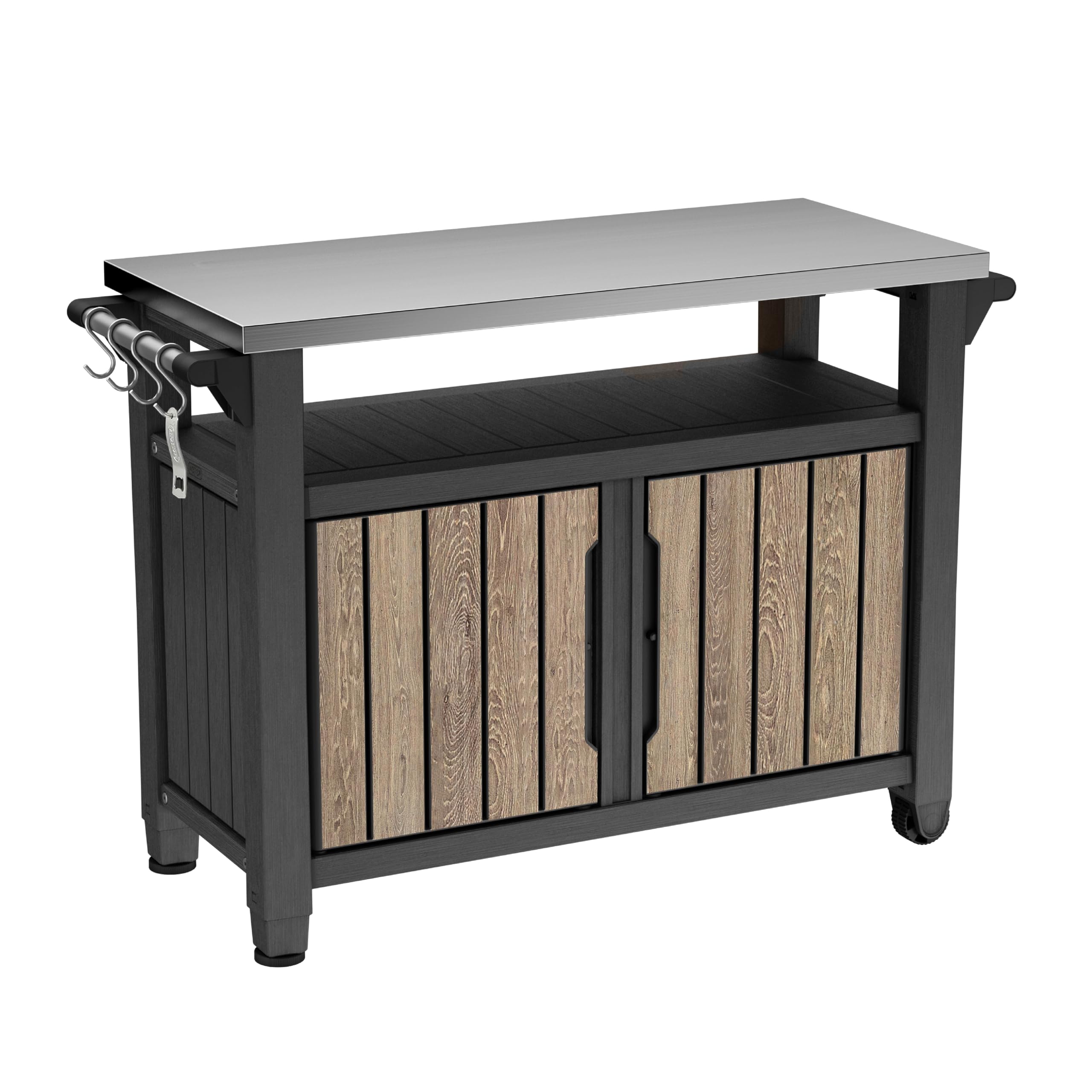 Photo 1 of Keter Unity XL Outdoor Entertainment Cart with Wood?Look Finish, 78?Gallon Patio Storage Cabinet, Food Prep Station, Stainless?Steel Top for BBQ, Grill, Patio, Deck & Backyard, Ashwood