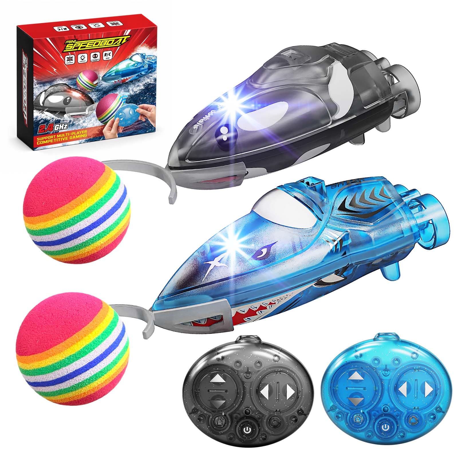 Mini Barco Teledirigido Pack de 2, Barco RC 2,4 GHz con Luces LED de Colores, Juego con Pelota de Espuma, Giro 360° y 2 Velocidades, con Piscina Hinchable, para Bañera y Piscina, Regalo para Niños