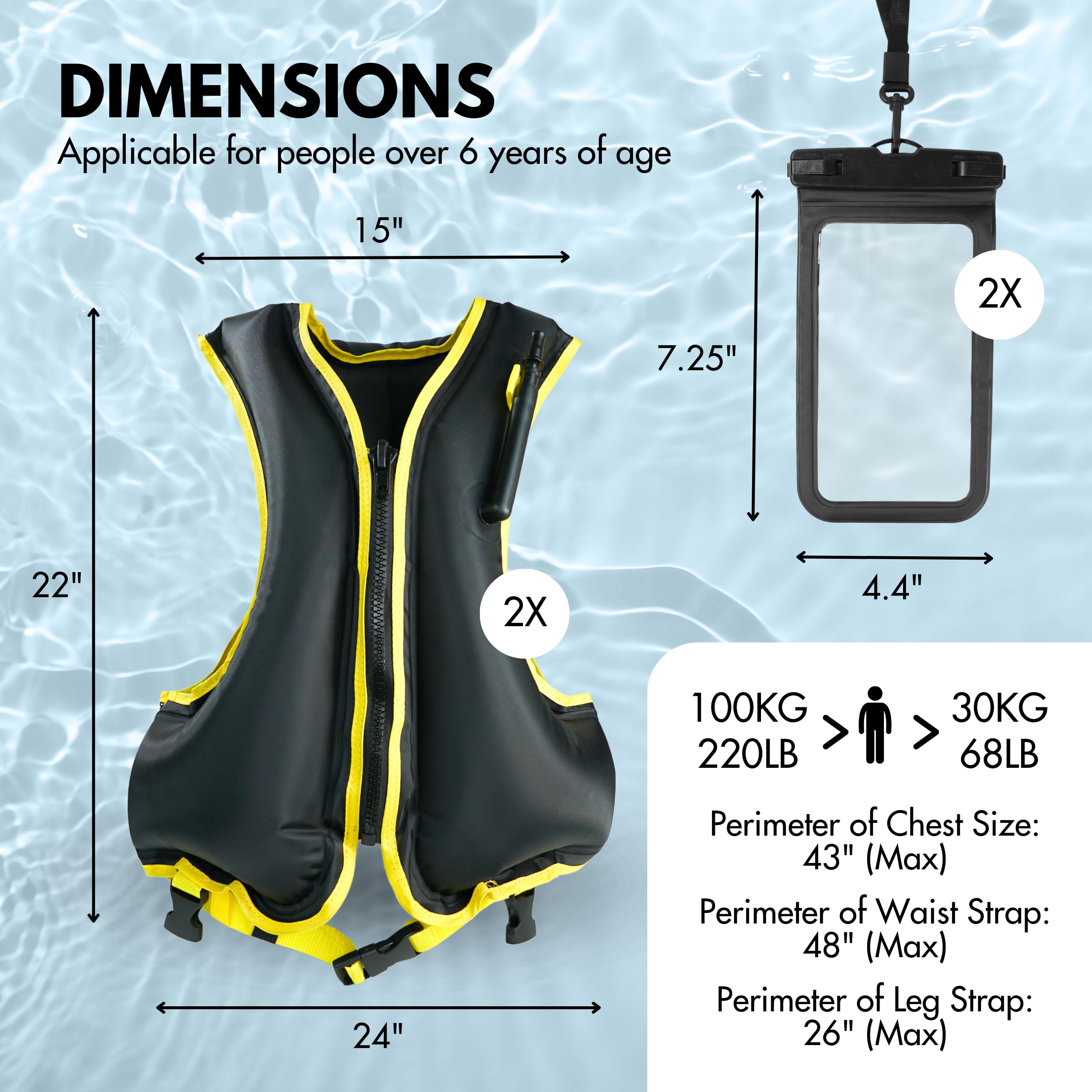 2-Pack Inflatable Snorkel Vests With Waterproof Phone Cases - Adjustable Safety Vests For Swimming & Water Sports