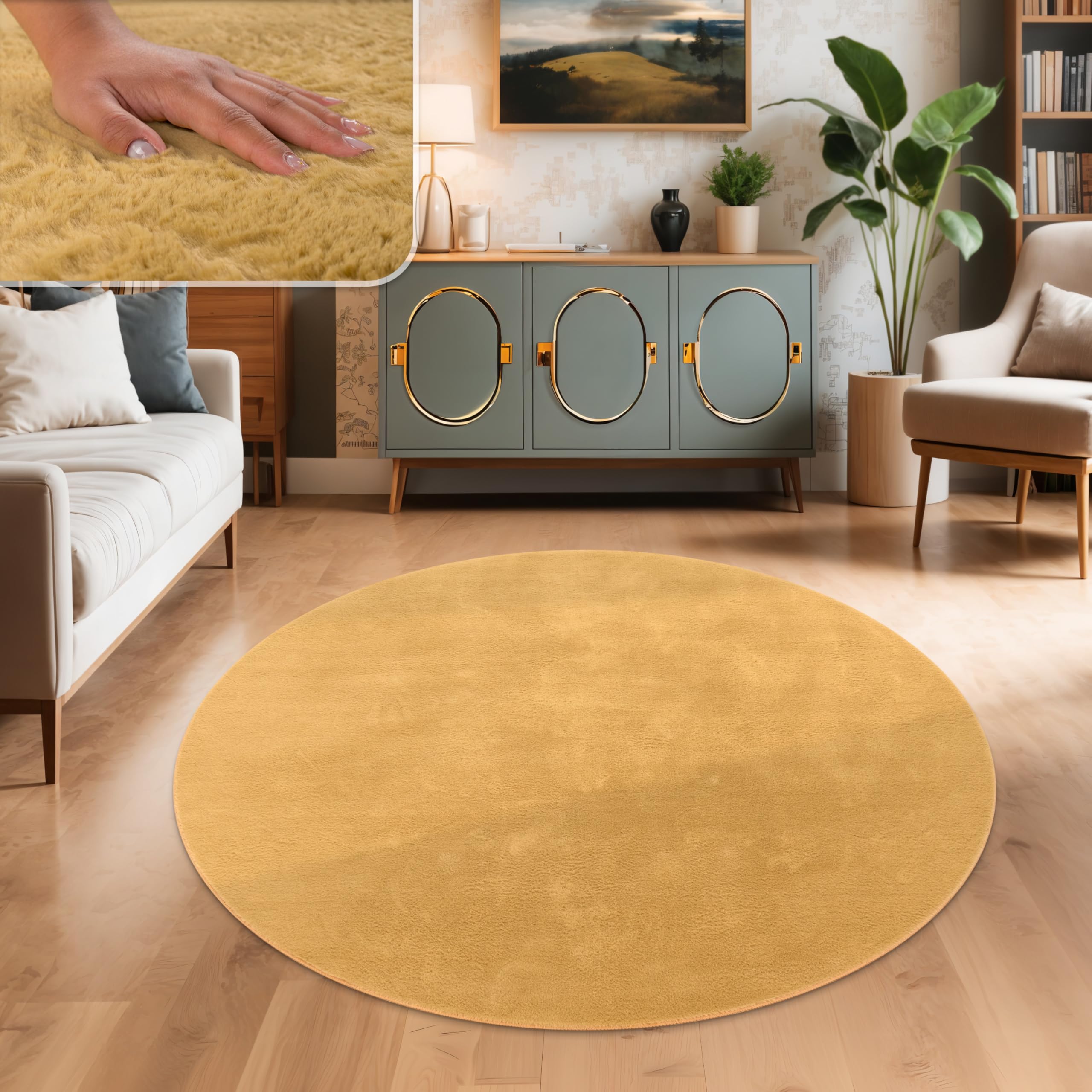 Paco Home Teppich Wohnzimmer Kunstfell weich waschbar modern elegant pflegeleicht Felloptik Uni Seidenglanz flauschig Hochflor, Grösse:160 cm Rund, Farbe:Gelb