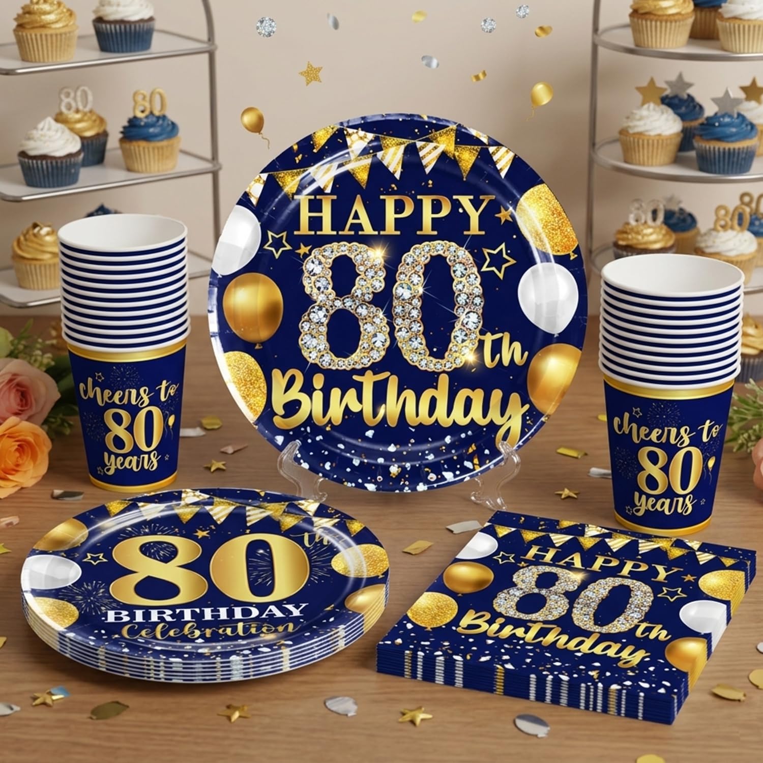Juego de vajilla de 80 cumpleaños para hombres, decoraciones de 80 cumpleaños para hombres con platos y servilletas de 80 cumpleaños, decoraciones de cumpleaños 80 para hombres, sirve para 25