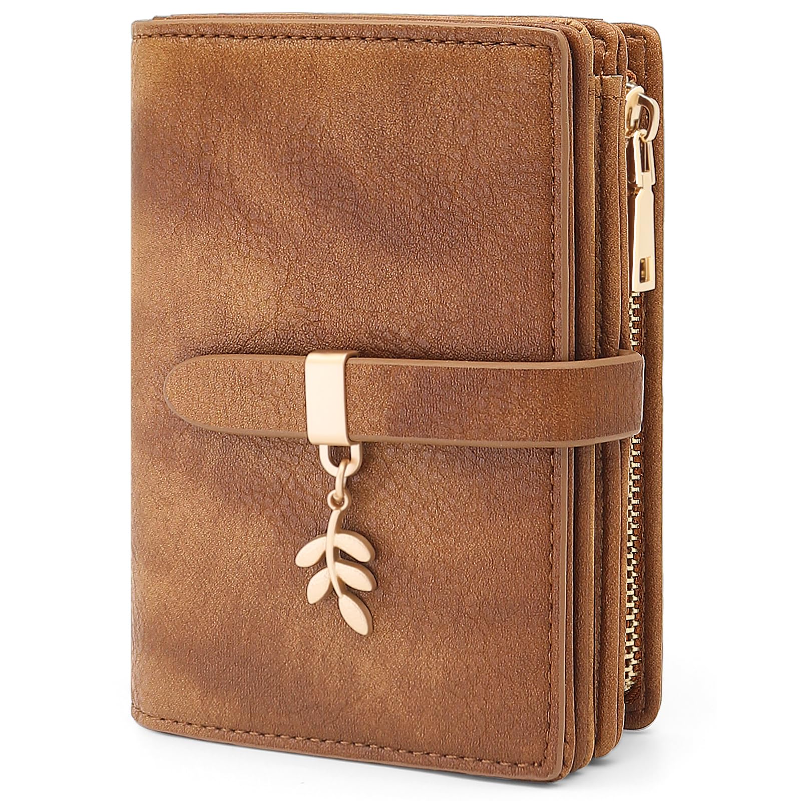 HNOOM Cartera Mujer Cuero PU Monedero Pequeño Formato Corto Billeteras RFID 19 Ranuras Tarjetas Cremallera Marrón