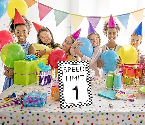 Miniatura 6 de Decoración de cumpleaños de coche de carreras, letrero de límite de velocidad 1, Fast One, decoración de fiesta de cumpleaños de auto de carreras