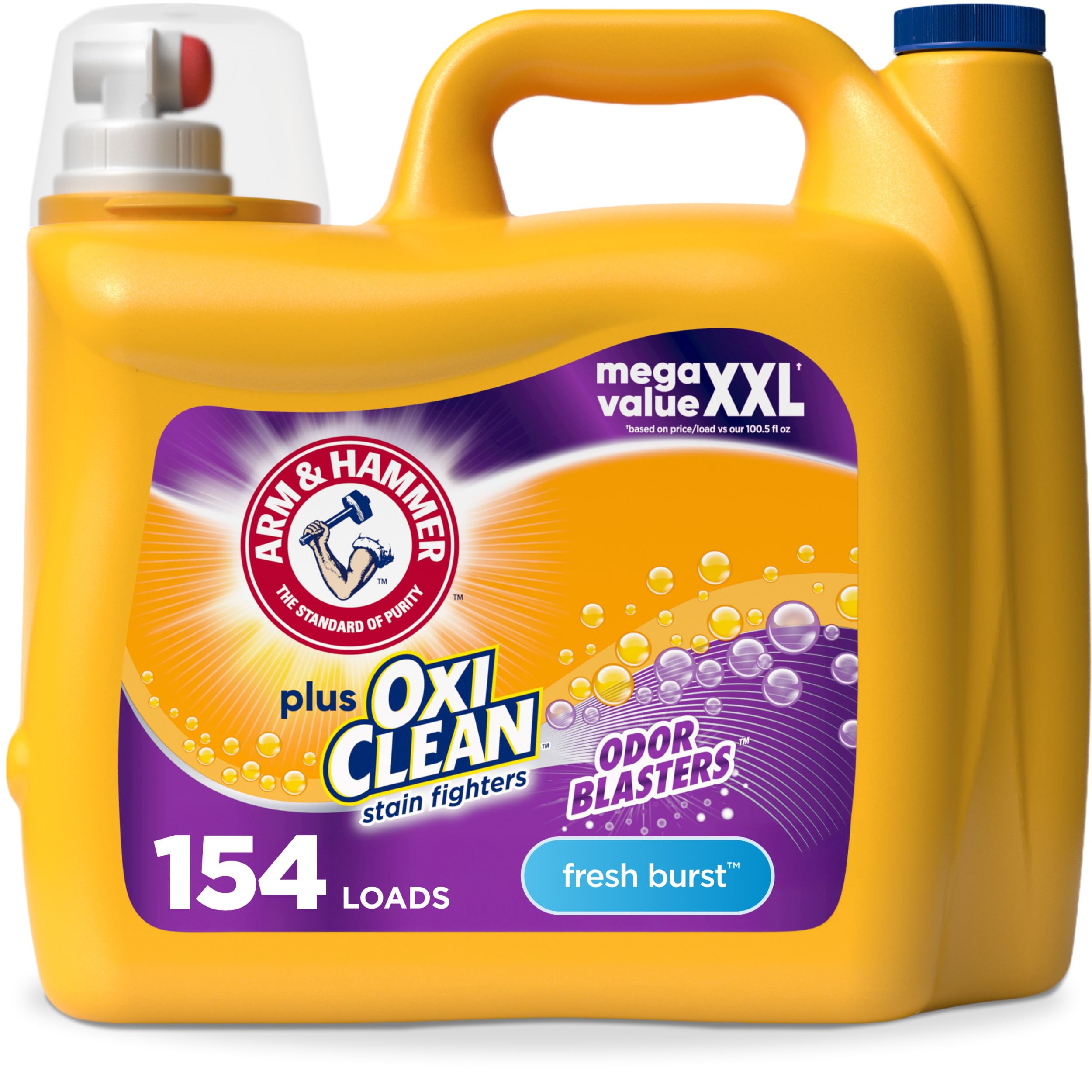 ARM &amp; HAMMER Plus OxiClean with Odor Blasters Liquid Laundry Detergent, Laundry Odor Remover, Attacks Stains, Fresh Burst Scent, 154 Loads, 200.2 Fl Oz