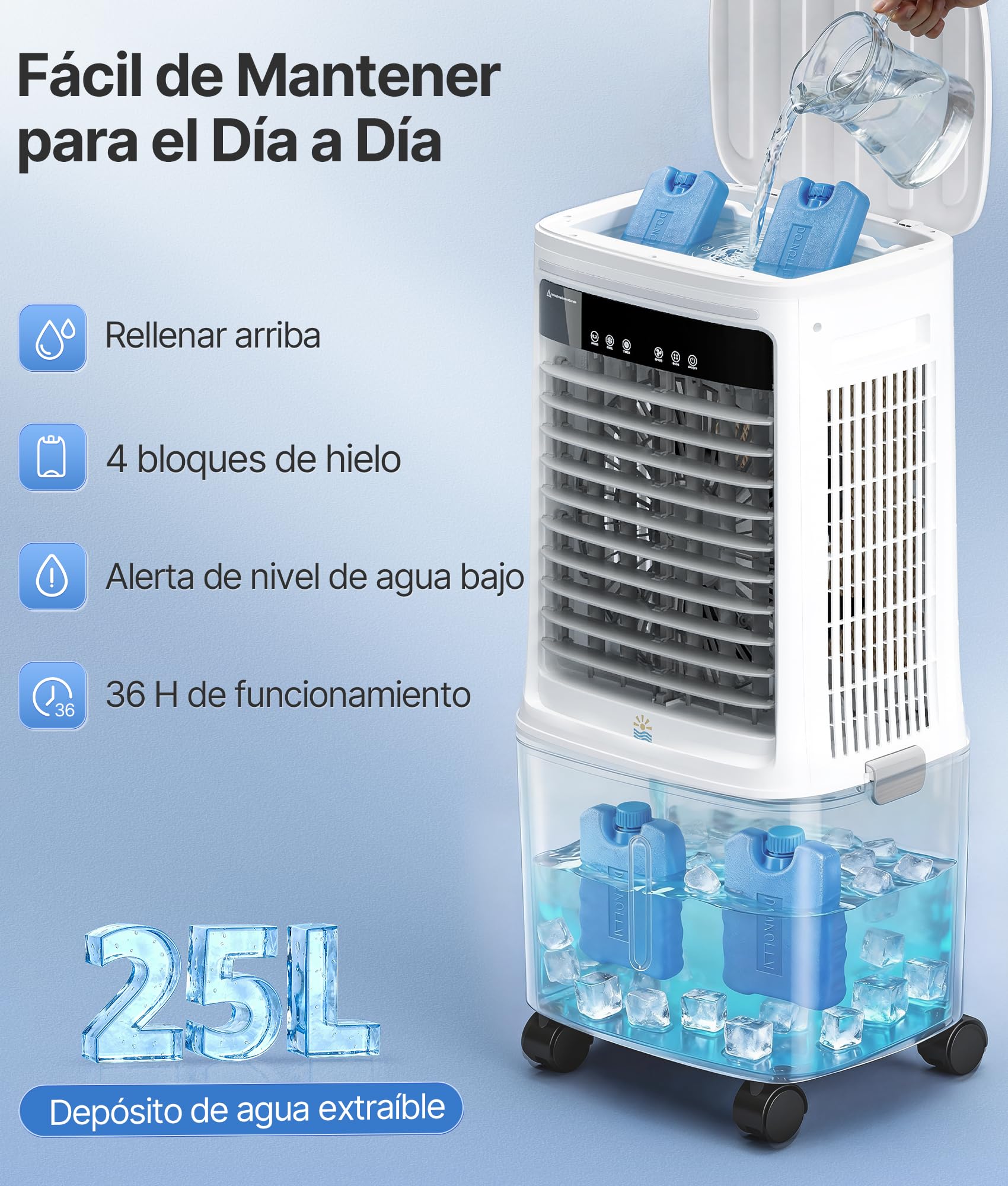 Enfriador de Aire Portátil 25L con Agua - Alternativa al Aire Acondicionado Portatil, Climatizador Evaporativo Portátil Oscilación 80°, Mando, Temporizador 12H, Blanco