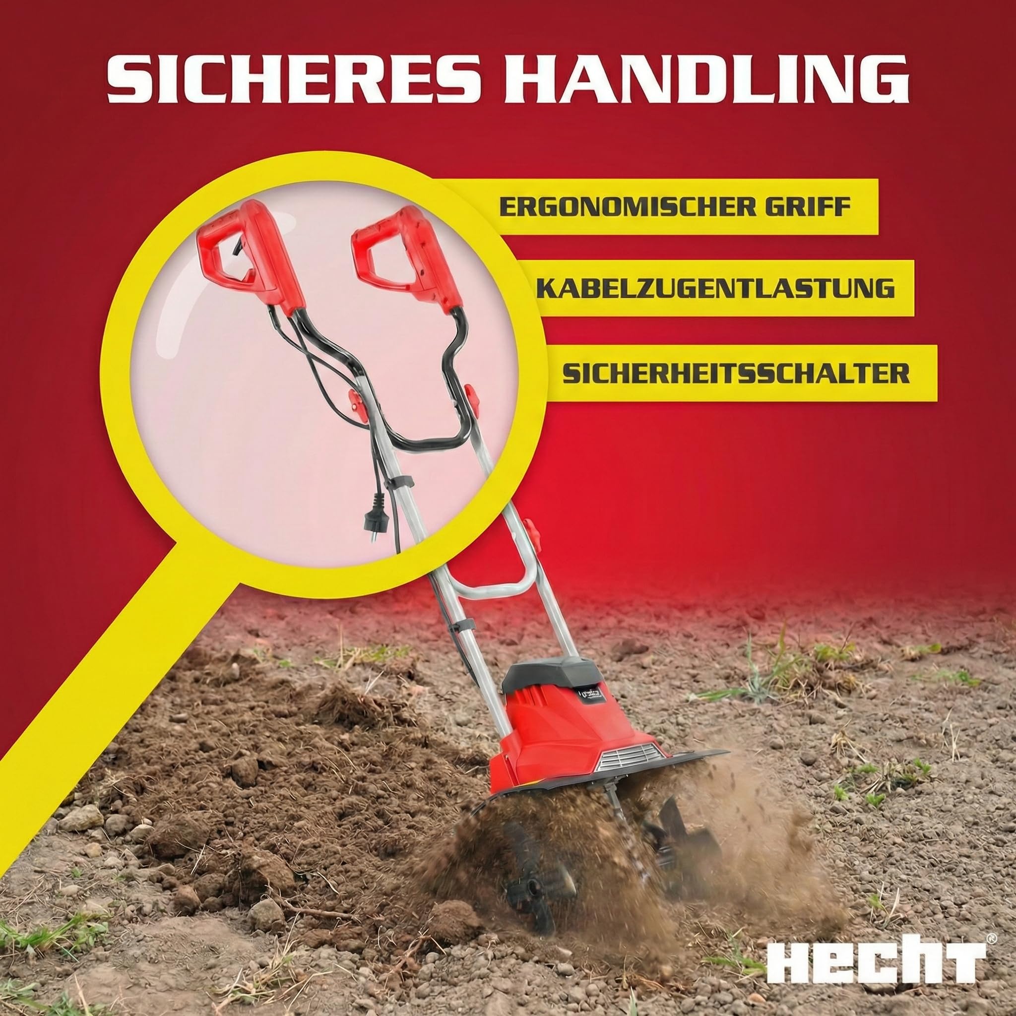 HECHT Gartenfräse Bodenhacke für einen schönen Garten – Perfekt zum auflockern und umgraben Ihrer Erde – Mit 36,5 cm Arbeitsbreite und leistungsstarken 1000 Watt Motor (Rot)