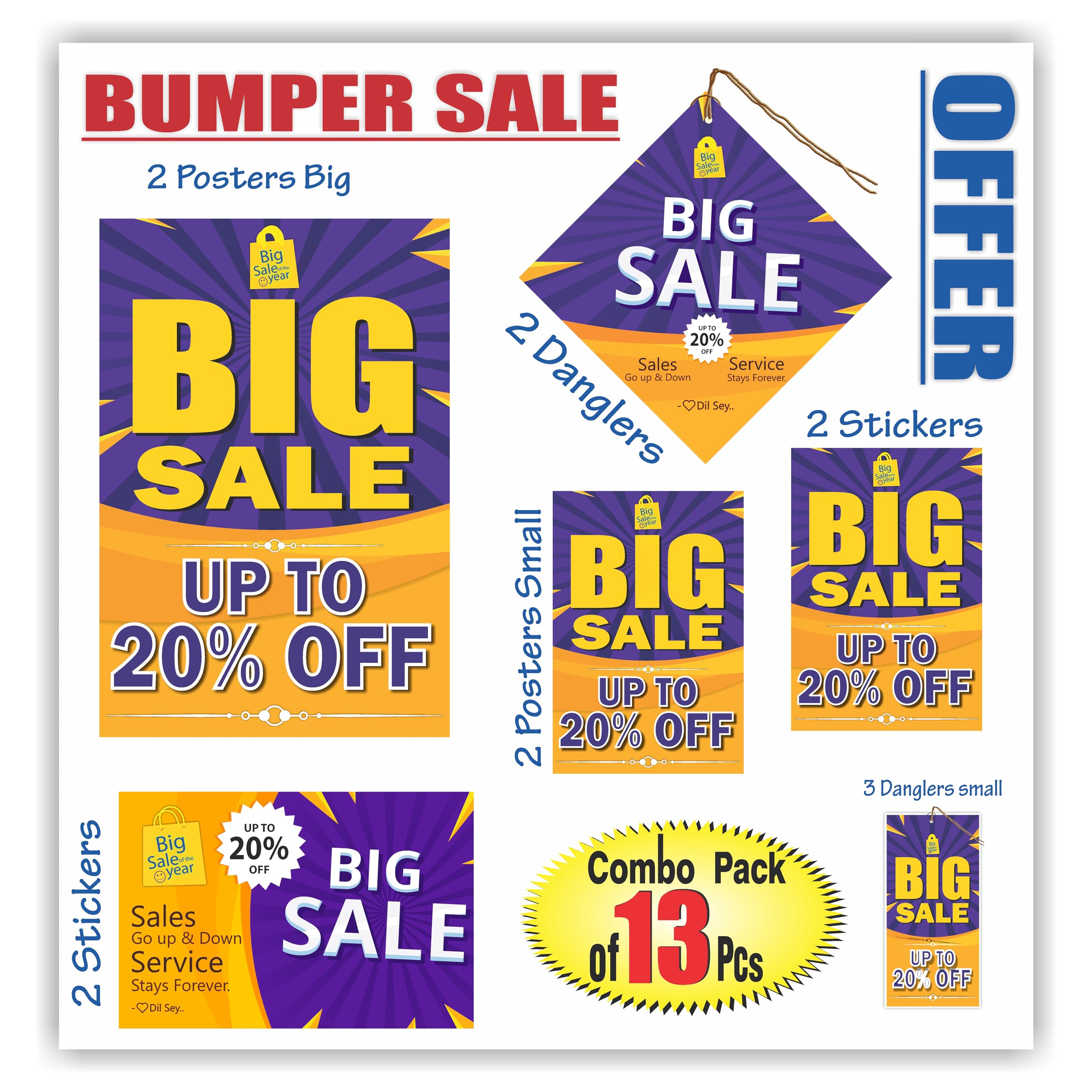 Anne Print Solutions® Combo Pack of 13 Big Sale Up to 20% Off Stickers Hanging Dangler Posters Discount Sale, Offer Sale Tag Poster Sticker for Shops Malls Shopping Complex