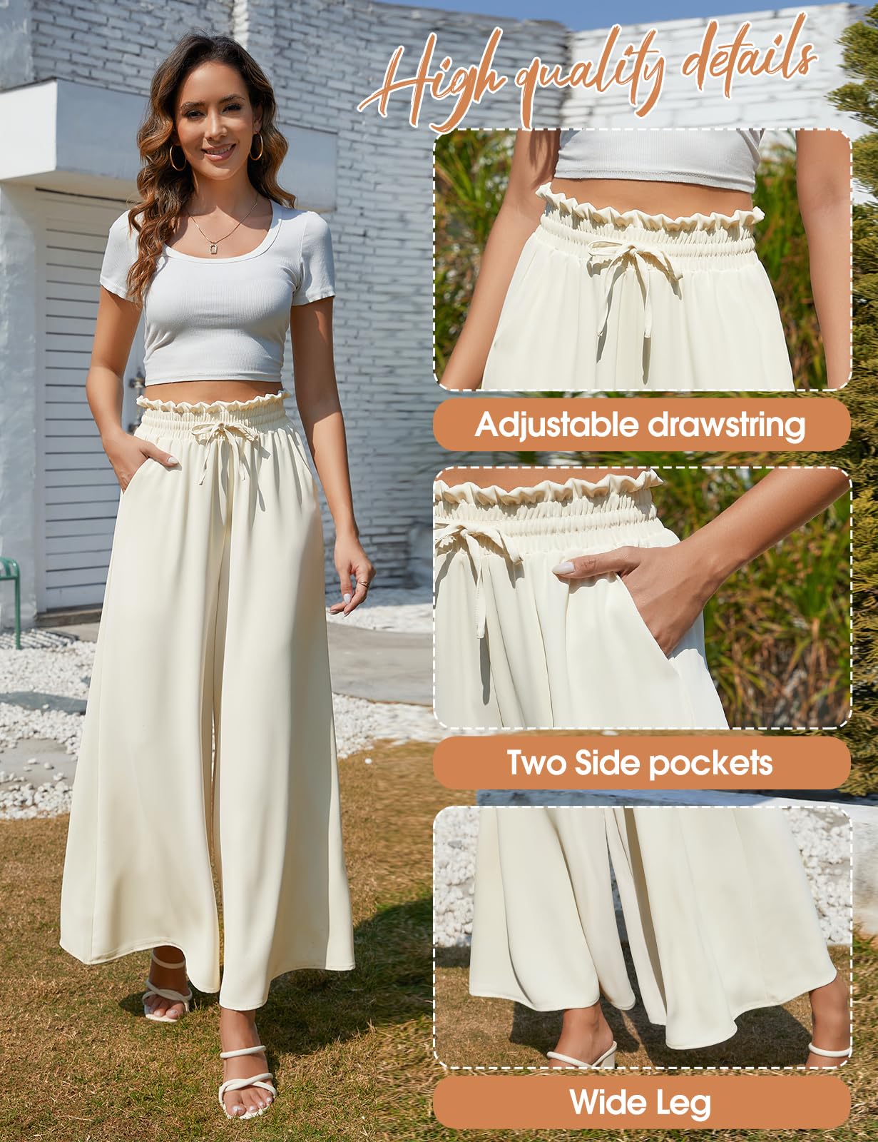 CMTOP Pantalones Mujer Palazzo Ligeros Elásticos Cintura Alta Casual Anchos Suelto Cómodos Flojo Playa Bolsillos Cordón