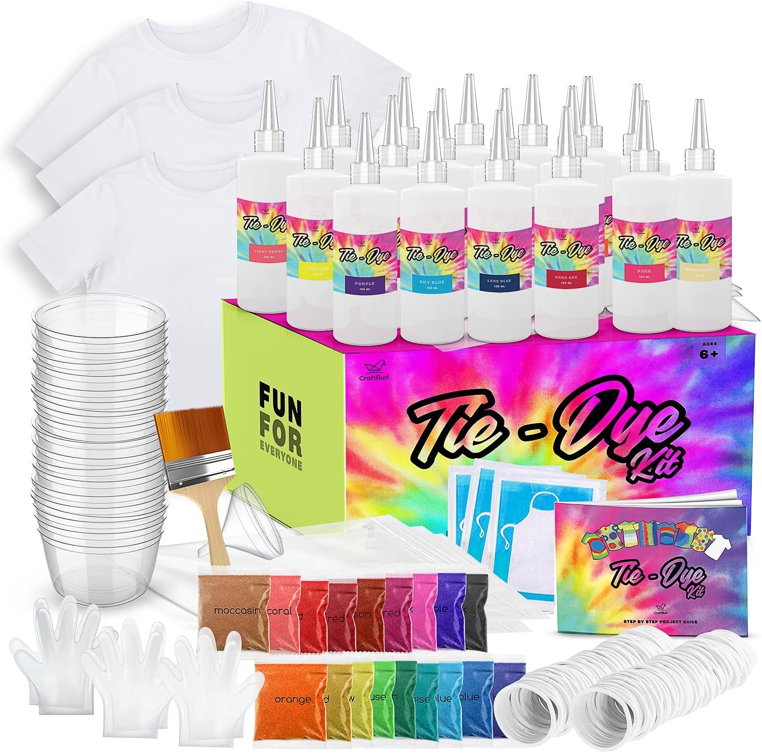 CraftBud Tie Dye Kit for Kids & Adults, 200 Pieces - Includes 3 Unisex Kid T-Shirts – Small, Medium, & Large, 18 Colors, Guide Book & Much More- Tie Dye Kit for Large Groups & for Outdoor Activities
