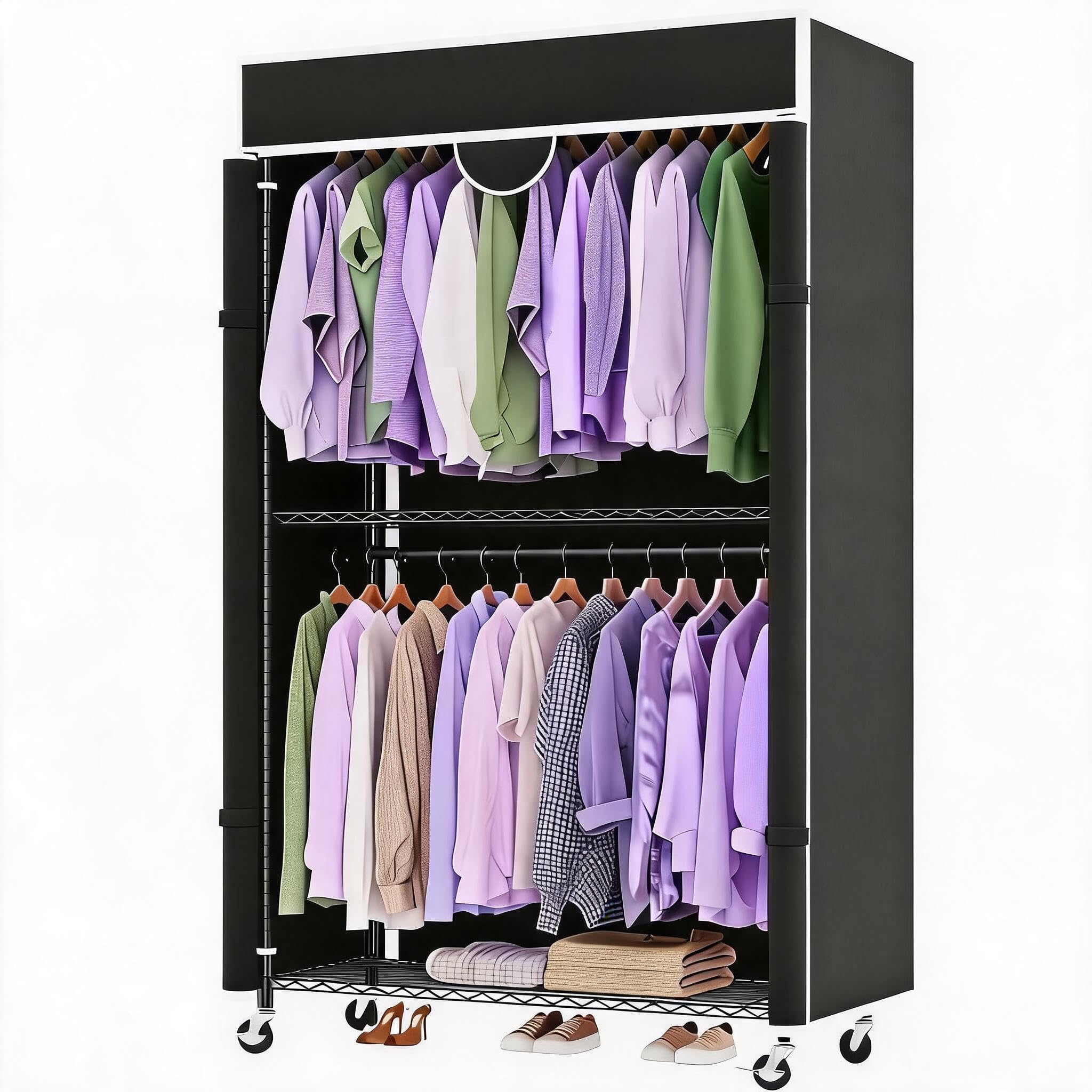 Aptliton Schwerlast Faltschrank Mit Rollen 115x45x202 cm, Kohlenstoffstahl Kleiderschrank Schwarz Freistehend, Stoffschrank Mit Kleiderstange Und 2 Ablagen, Garderobe Hohe Belastbarkeit Metallrahmen