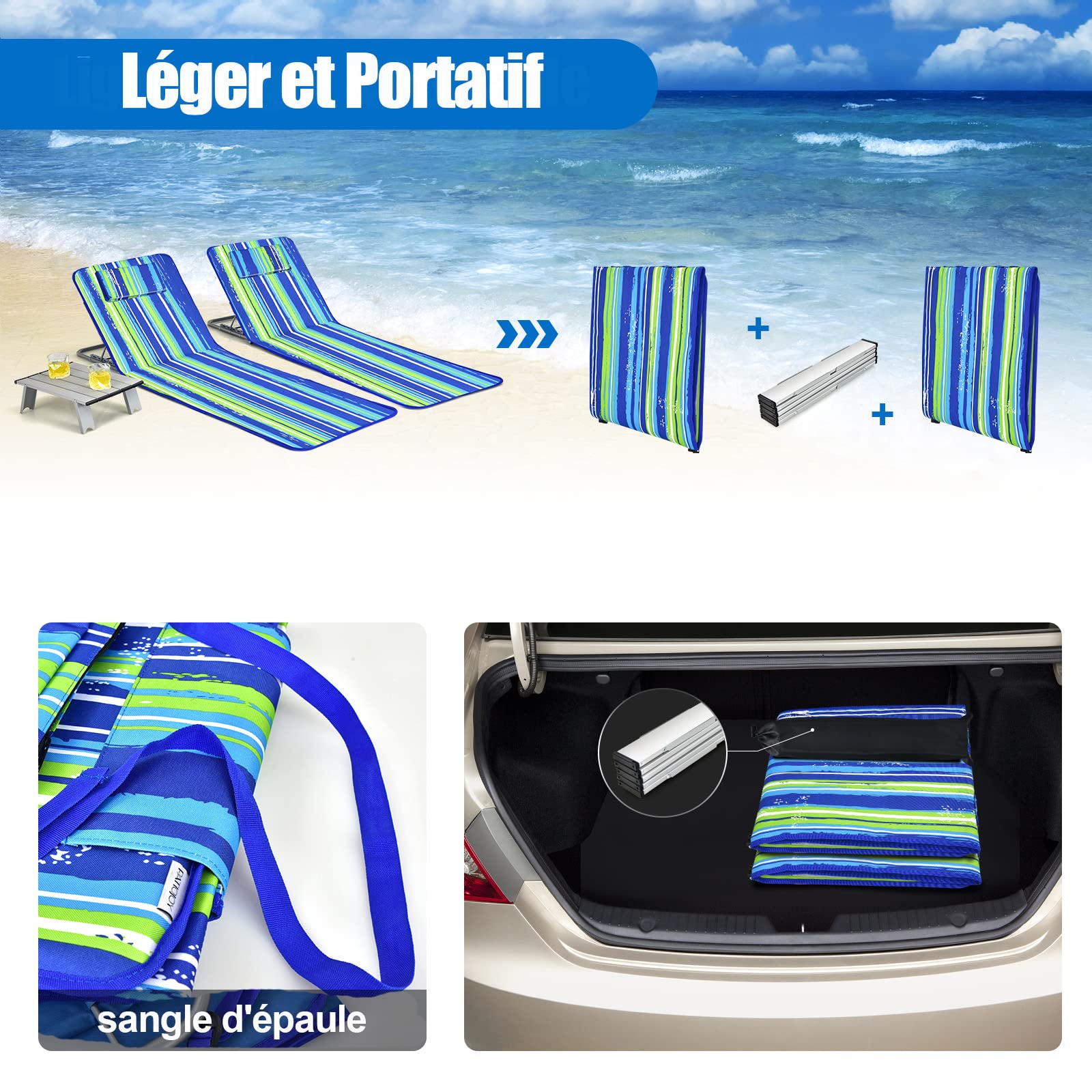 GOPLUS - Colchón de playa ajustable de 5 posiciones con mesa baja, 2 alfombrillas de playa con reposacabezas, mesa auxiliar portátil, diseño plegable, ideal para patio, piscina, terraza (azul verde)