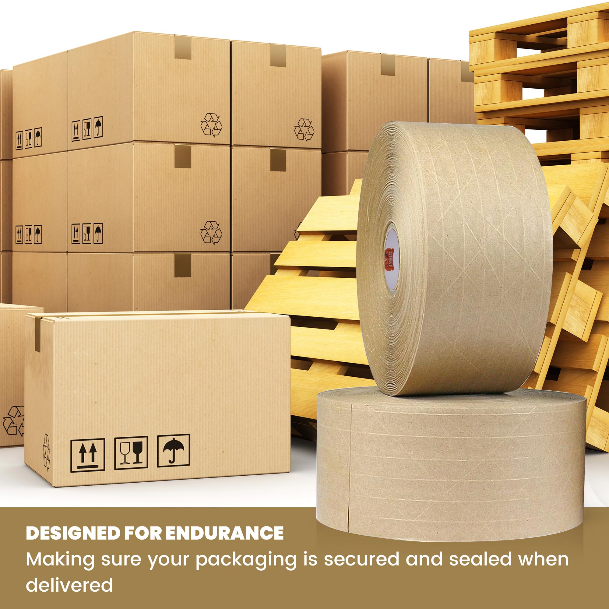 TAPEBEAR Cinta de Papel Kraft Engomada 1.5" Núcleo, Activada con Agua 70mm x 116m, Refuerzo de Fibras, Ecológica y Biodegradable para Cierre Seguro, Empaquetado y Envío, 4 Rollos