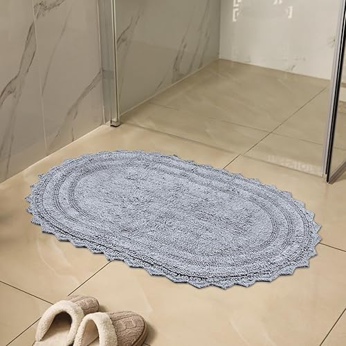Miniatura 2 de RAJRANG Alfombra de baño de algodón, ovalada, gris claro, 24 x 17 pulgadas, paquete de 2 tapetes de baño reversibles de ganchillo para decoración