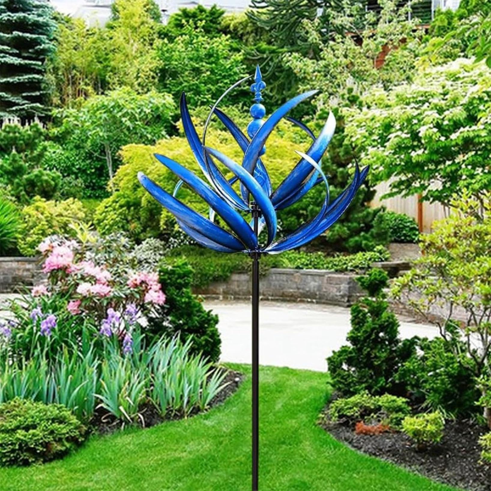 Girandola a vento a 360°, girandole da giardino, in metallo, con paletto da giardino, decorazione artistica per patio, prato e giardino (blu)