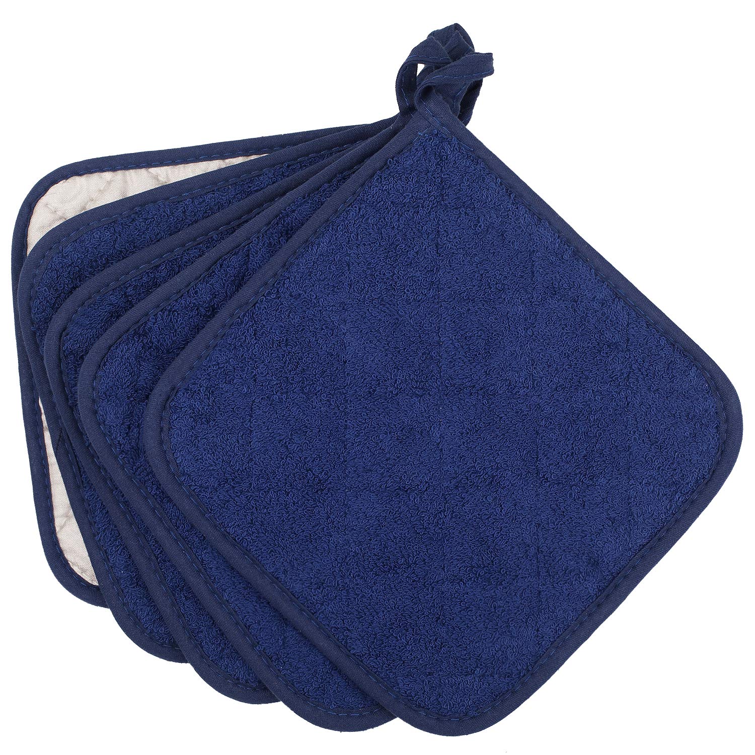 100% Cotton Kitchen Everyday Basic Terry Pot Holder Heat Resistant Coaster Potholder for Cooking and Baking Set of 5 Dark Blue
