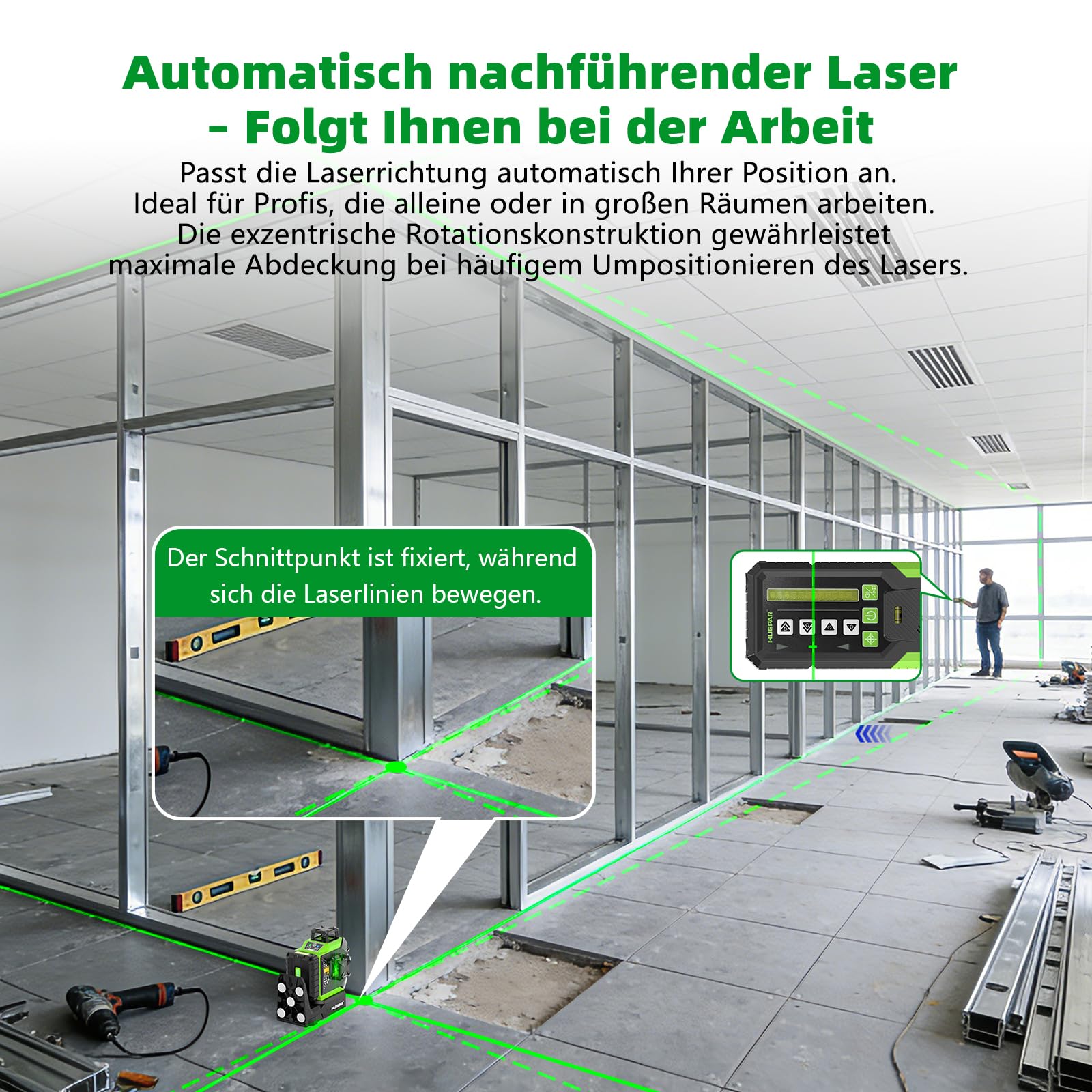 Huepar kreuzlinienlaser 360 grad mit Fernbedienungsempfänger | Linienlaser Automatische Verfolgung, Motorisierte Basis, 1/13" Präzisionslaser, Pulsmodus im Freien, einstellbarer Helligkeit