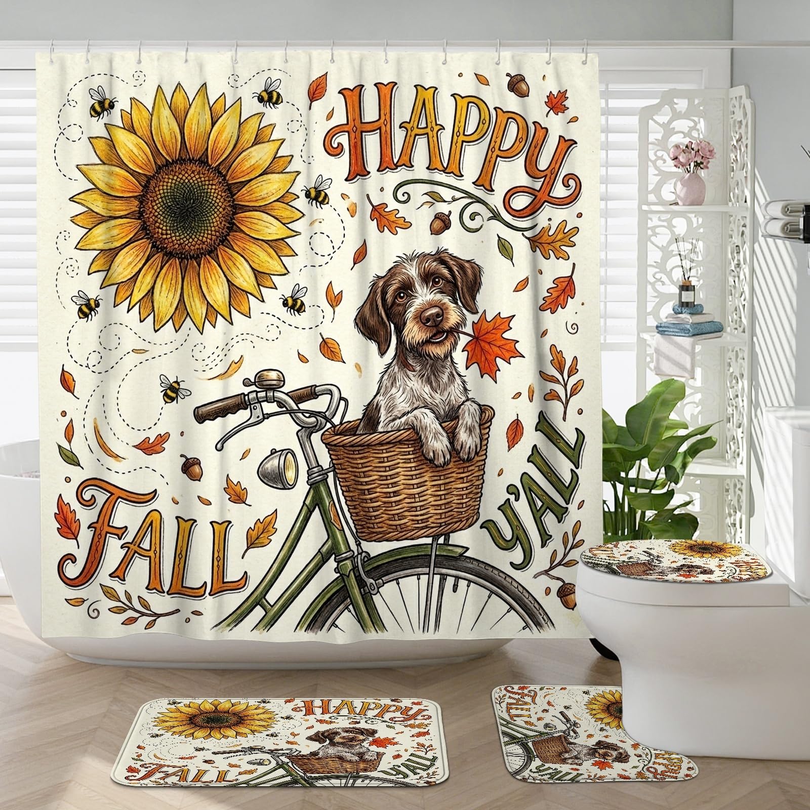 Décoration de salle de bain d'automne avec tapis antidérapant et rideau tournesol