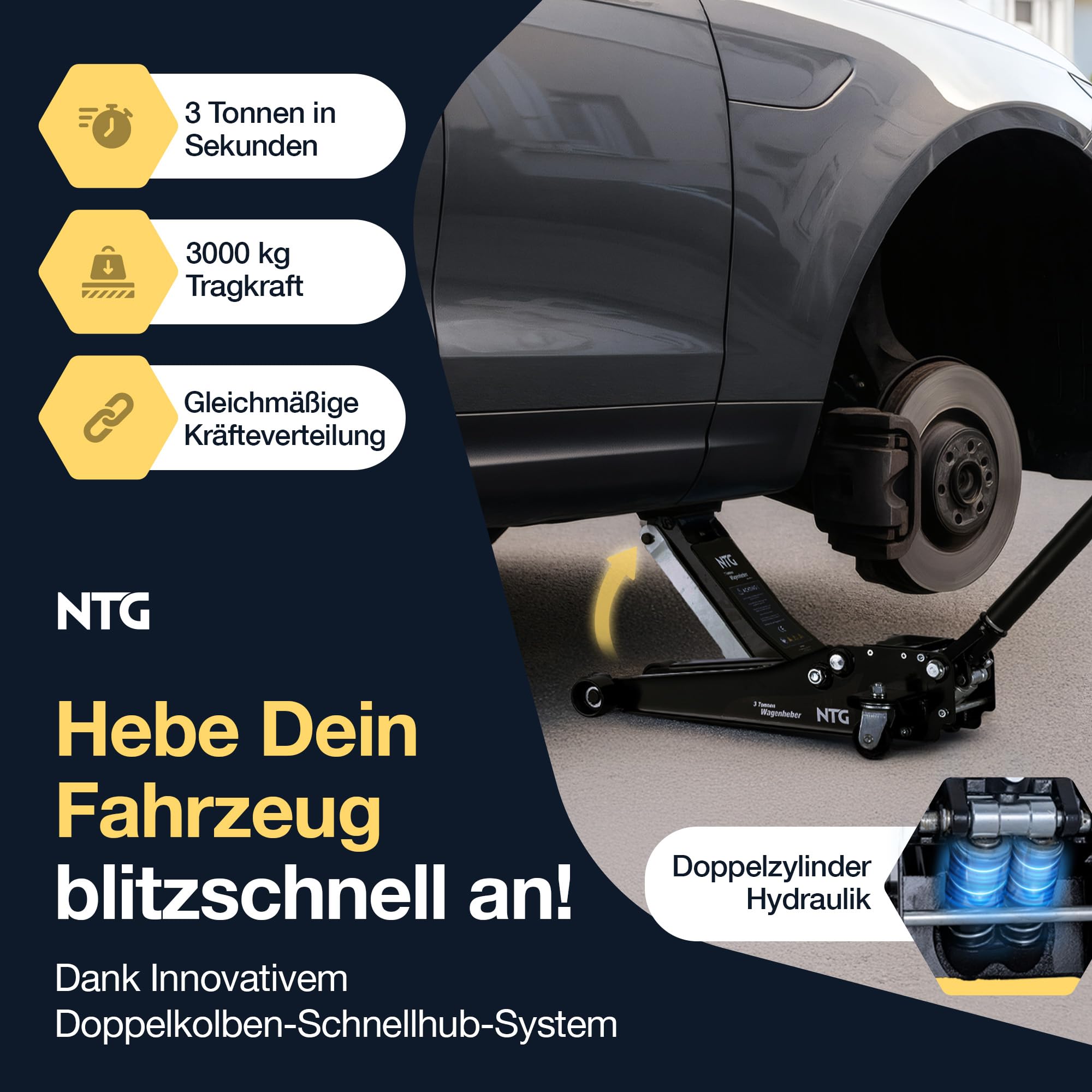 NTG HYDRAULISCHER WAGENHEBER 3T – Wagenheber Hydraulisch mit Doppelkolben & Schnellhub, 85–485 mm Hubhöhe – Rangierwagenheber inkl. 2 Gummiauflagen für PKW & SUV