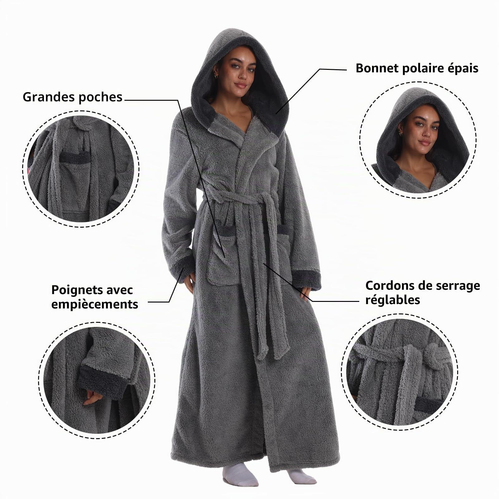 Gegeryozis Peignoir de Bain Homme Femme en Flanelle Polaire - Long et Chaud avec Capuche, Taille Unique pour Sortie de Bain, Spa, Maison - 2 Poches, Ceinture Ajustable