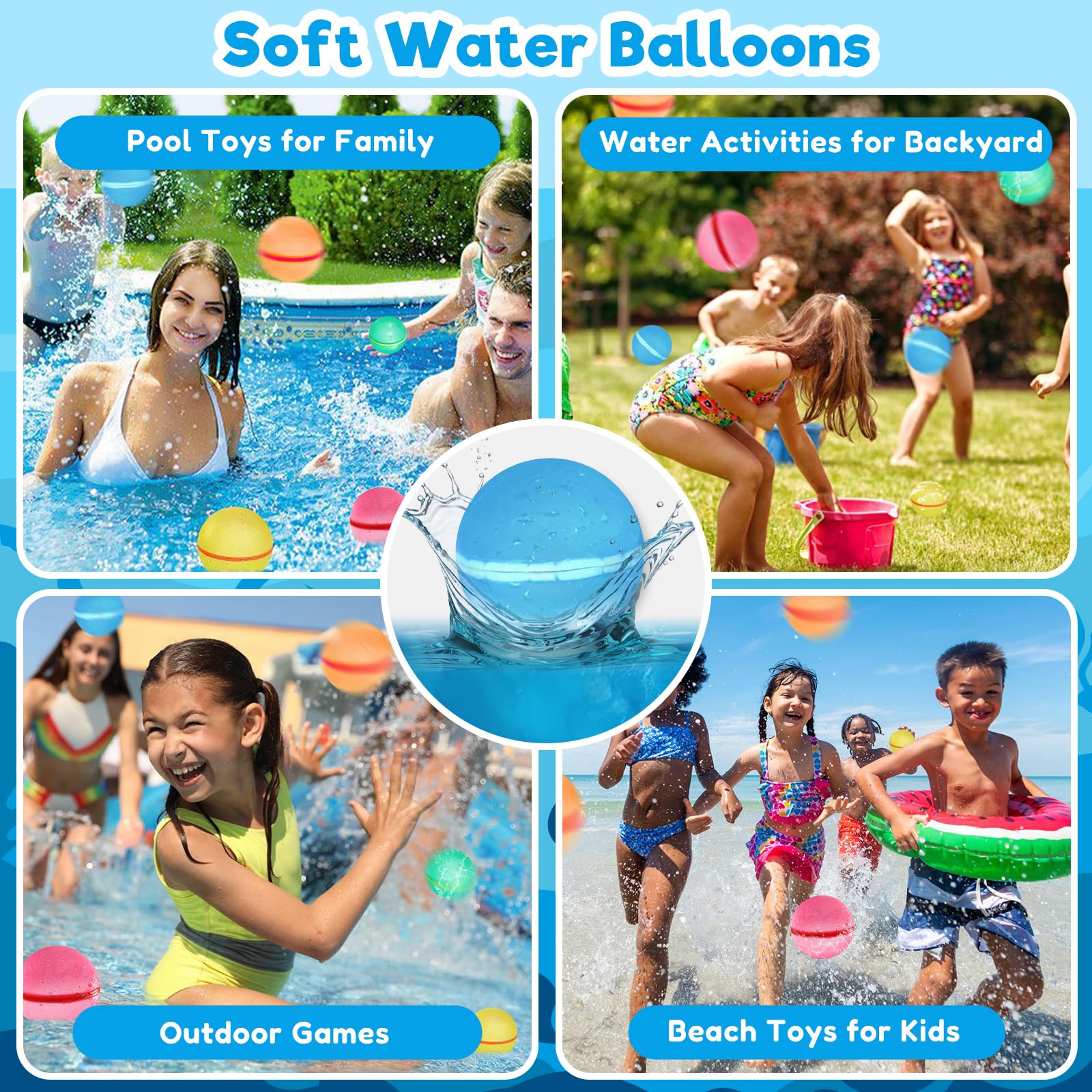 Palloncini Acqua Riutilizzabili, 15PCS Gavettoni Riutilizzabili, Facile da Riempire e Autosigillante, Bombe da Acqua Palloncini per Bambini Adulti, per Estivi Spiaggia, Piscina e Giardino
