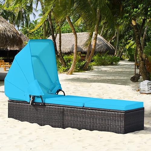 Miniatura 5 de HAPPYGRILL Salón de patio con toldo retráctil silla reclinable al aire libre con respaldo ajustable sofá cama de mimbre de ratán con mesa de café