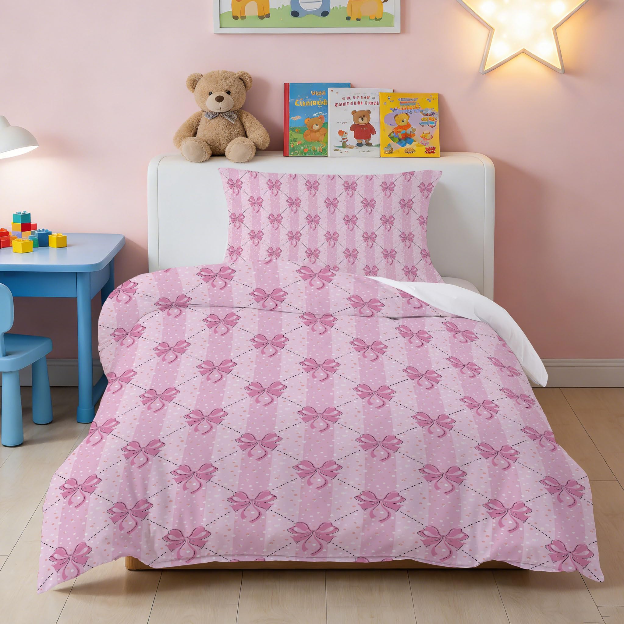 DJDEA Pink Bow Cot Bed Duvet Cover Set 120x150cm, Duvet Cover Set for Girls Children Duvet Cover Set, Microfiber Junior/Cot bedding Matching Pillowcase 40 x 60 cm โ image 1