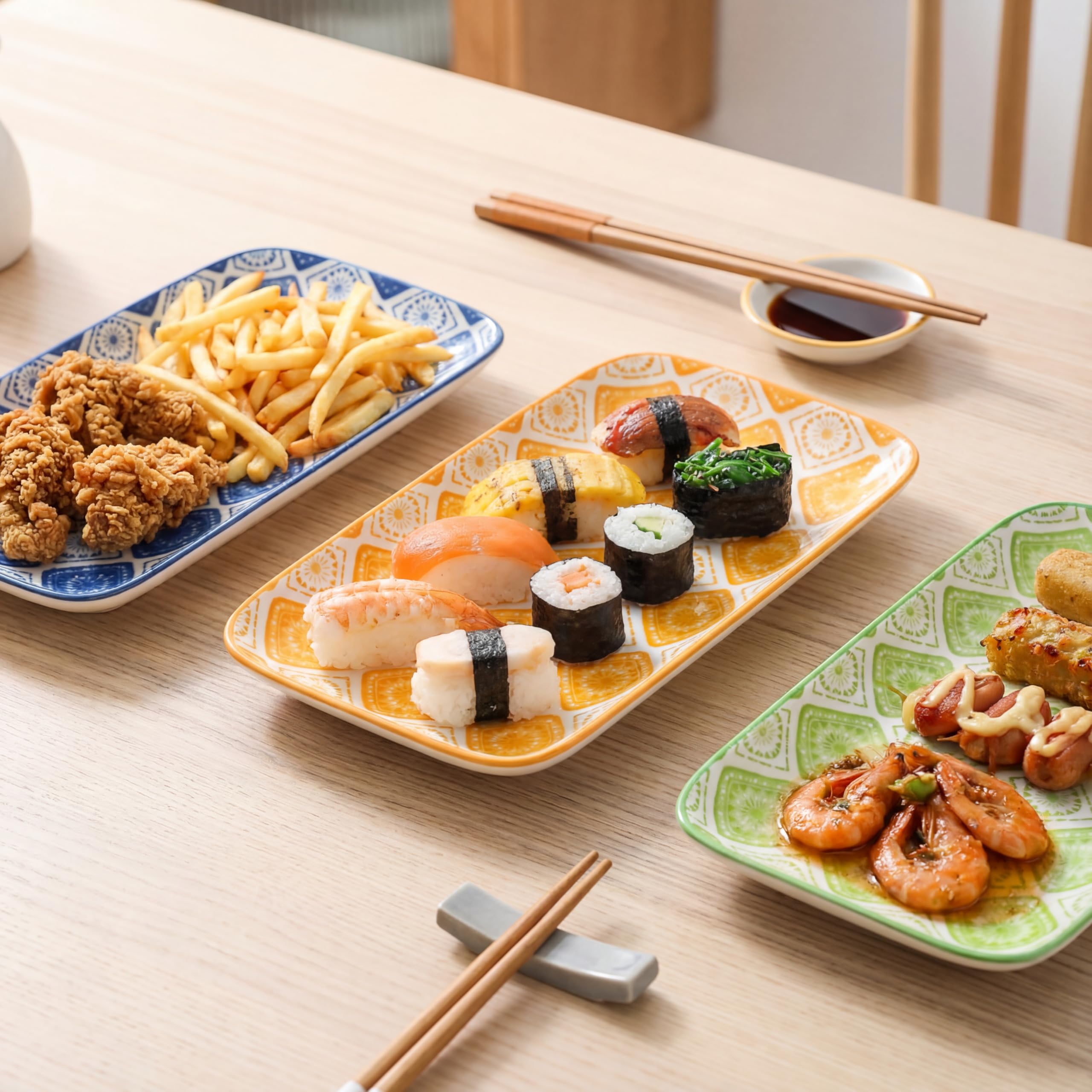 Piatti Servizio Ceramica Piatto Rettangolari - Set Piatti Colorati Design Porcellana - Piccoli Piatti Dessert | Sushi | Aperitivo | Dolce - Adatto per Microonde e Lavastoviglie - 20 x 11 cm - Set da 6