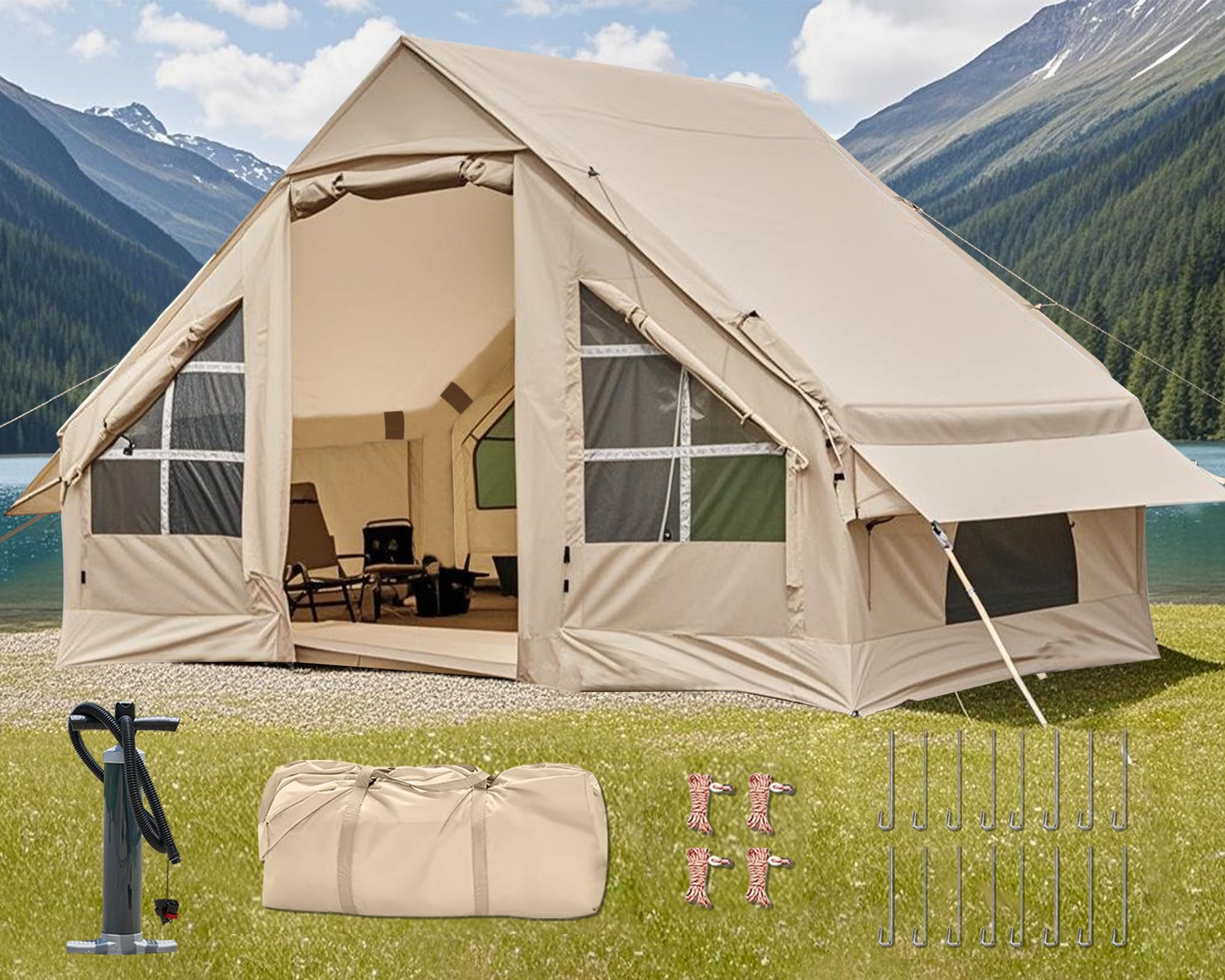 Tienda de campaña inflable para 2/4/6/8 personas, tiendas de campaña inflables para camping, actualización 2025, puerta con cremallera, fácil instalación, tienda de campaña inflable con mosquitera y