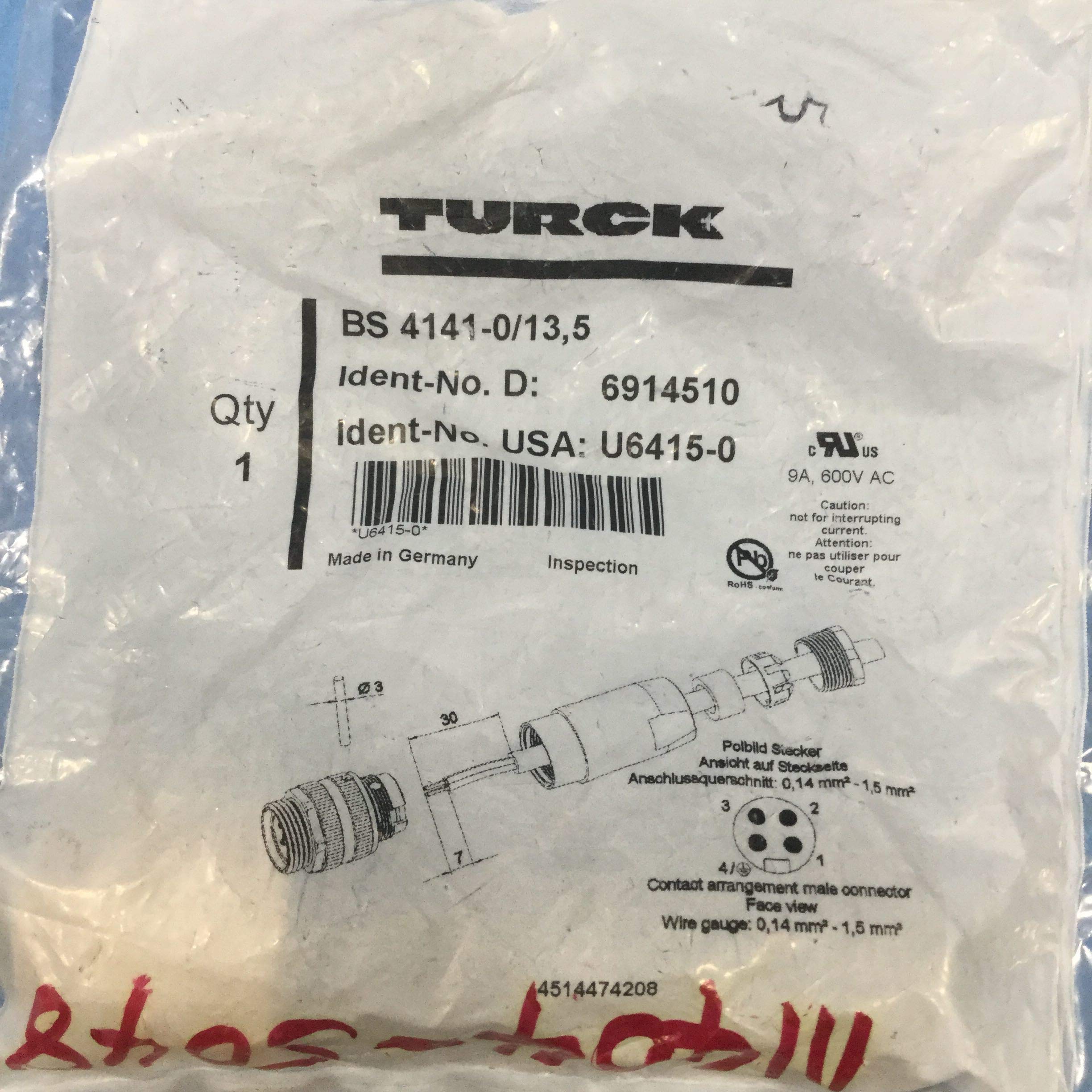 TURCK BS4141-0/13.5 4 PIN, 10-12MM Cable Diameter, 7/8
