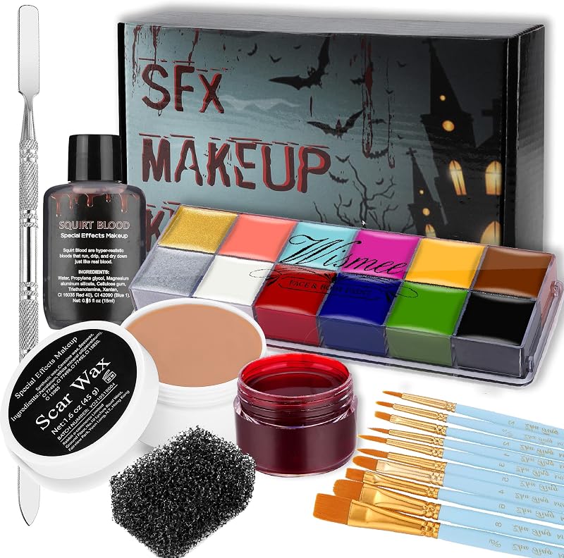 SFX Kit de maquillaje profesional para cara y cuerpo, juego de maquillaje para Halloween y cosplay | Juego de maquillaje de efectos especiales con cera para cicatrices, pinceles para pintar la cara, herramienta de espátula, sangre de costra falsa, paleta facial de esponja punteada