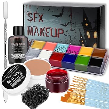 SFX Makeup Kit Professional Face Body Paint Halloween Special Effects Makeup Set with Scar Wax,10 Face Paint Brushes,Spatula Tool,2 Fake Scab Blood,Stipple Sponge Oil Based Face Painting Kit