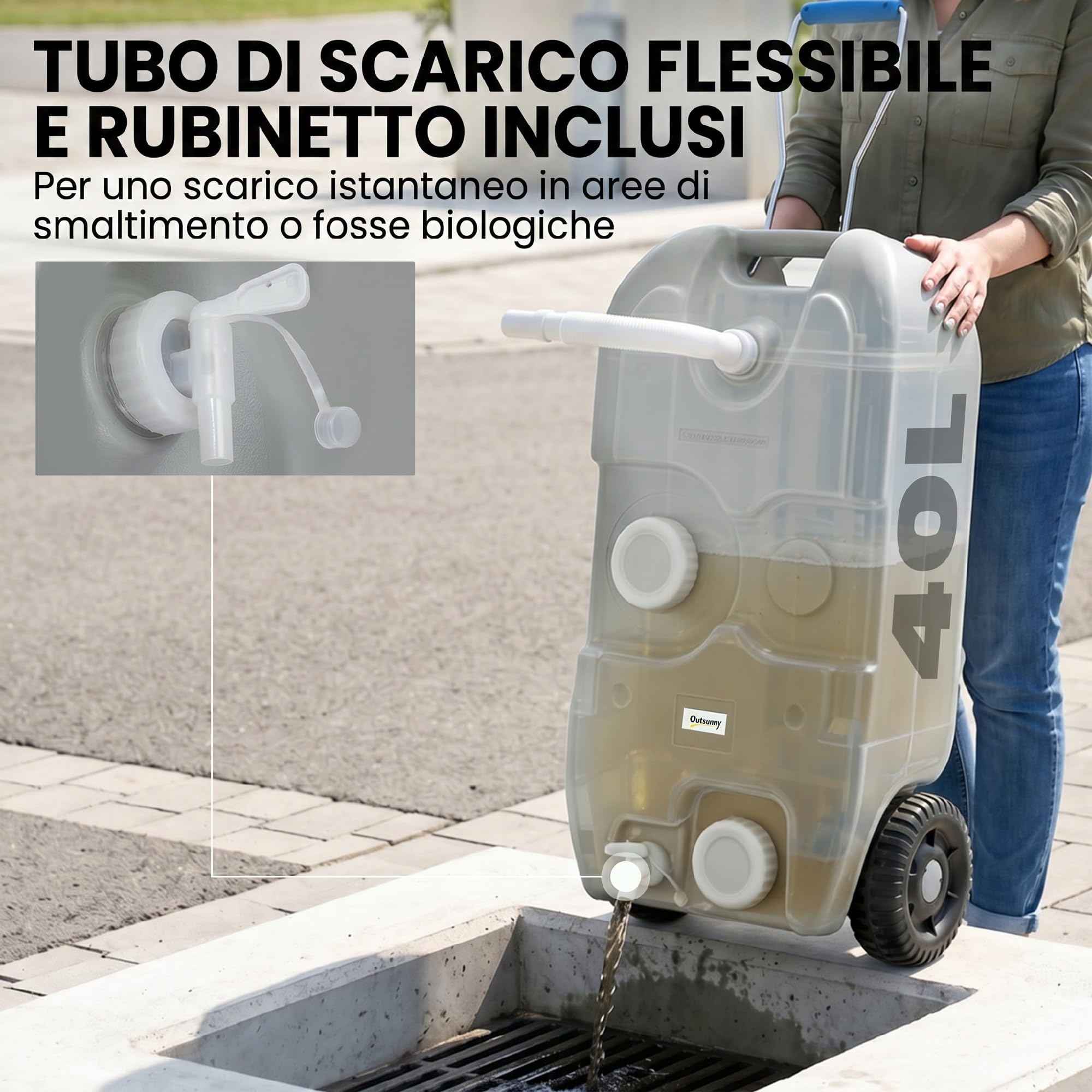 Outsunny Serbatoio Acqua 40L da Campeggio con Ruote, Tanica Acqua Reflue per Camper e Roulotte con Maniglia Regolabile, Tubo e Rubinetto Inclusi, Grigio
