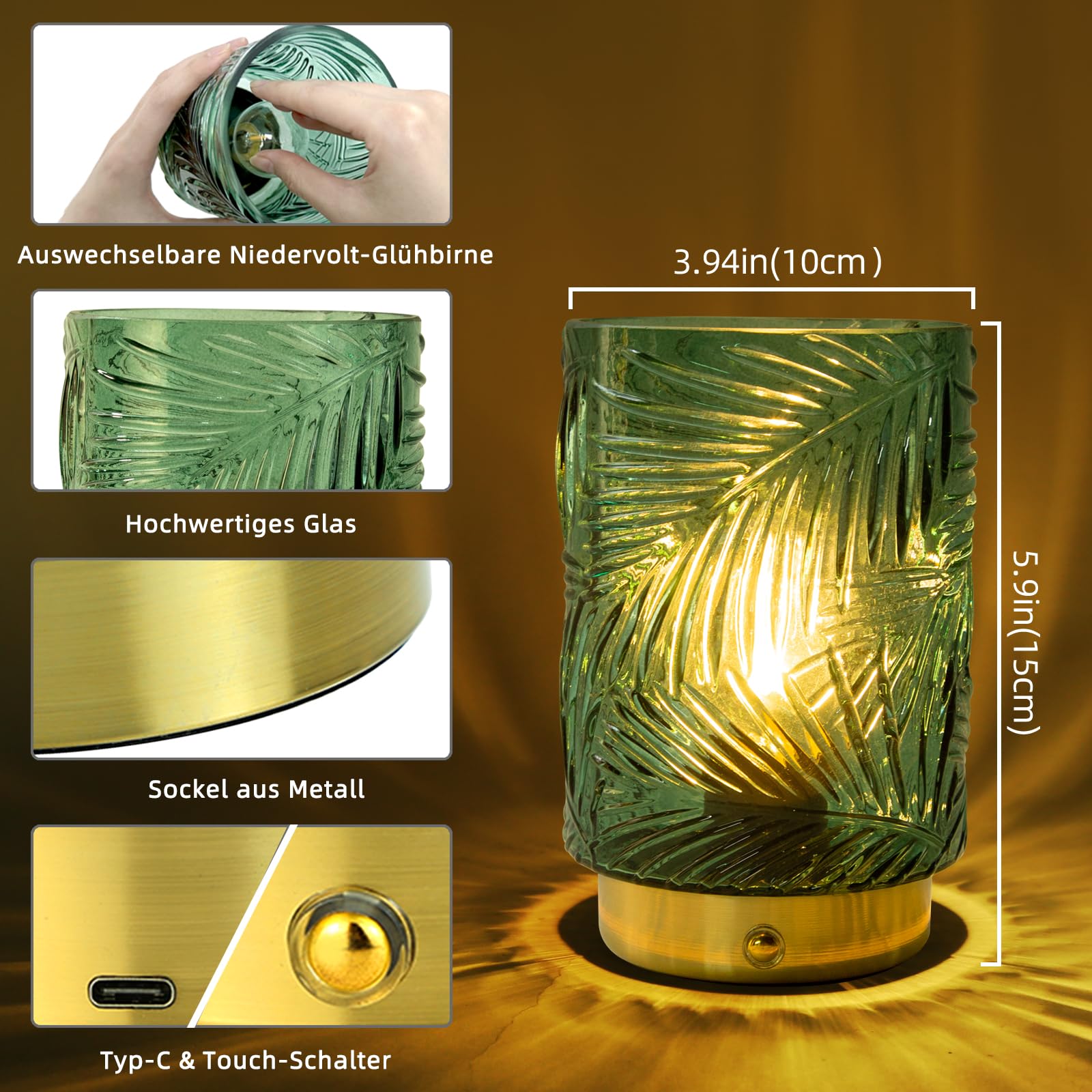 MJ PREMIER Wiederaufladbare Tischlampe Kabellose, Akku LED Tischleuchte mit Touch-Schalter, Dimmbare Tischlampe aus Glas, Dekorative USB Aufladbar Lampe, Notlampe für Stromausfall, (Grün, Mini)