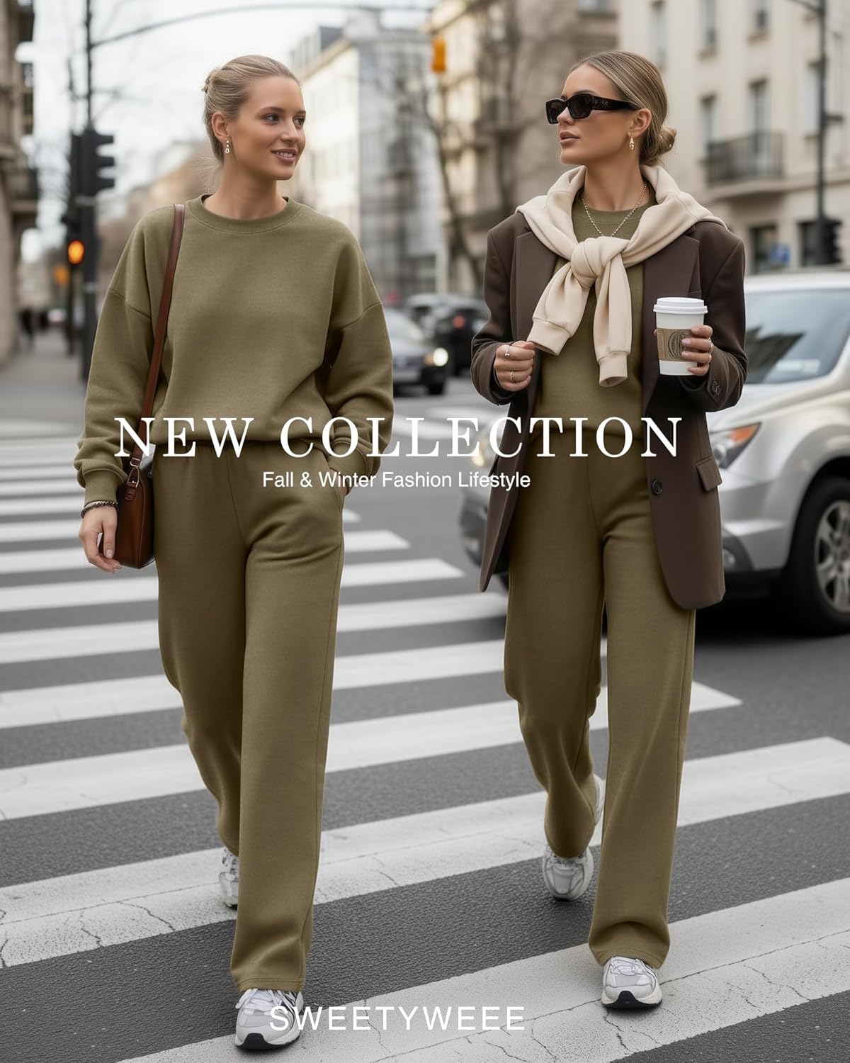 Women's 2 Piece Outfits Set Fleece Lined Lounge Sweatsuit Crewneck Pullover Top Wide Leg Pants Casual Tracksuit - Image 6